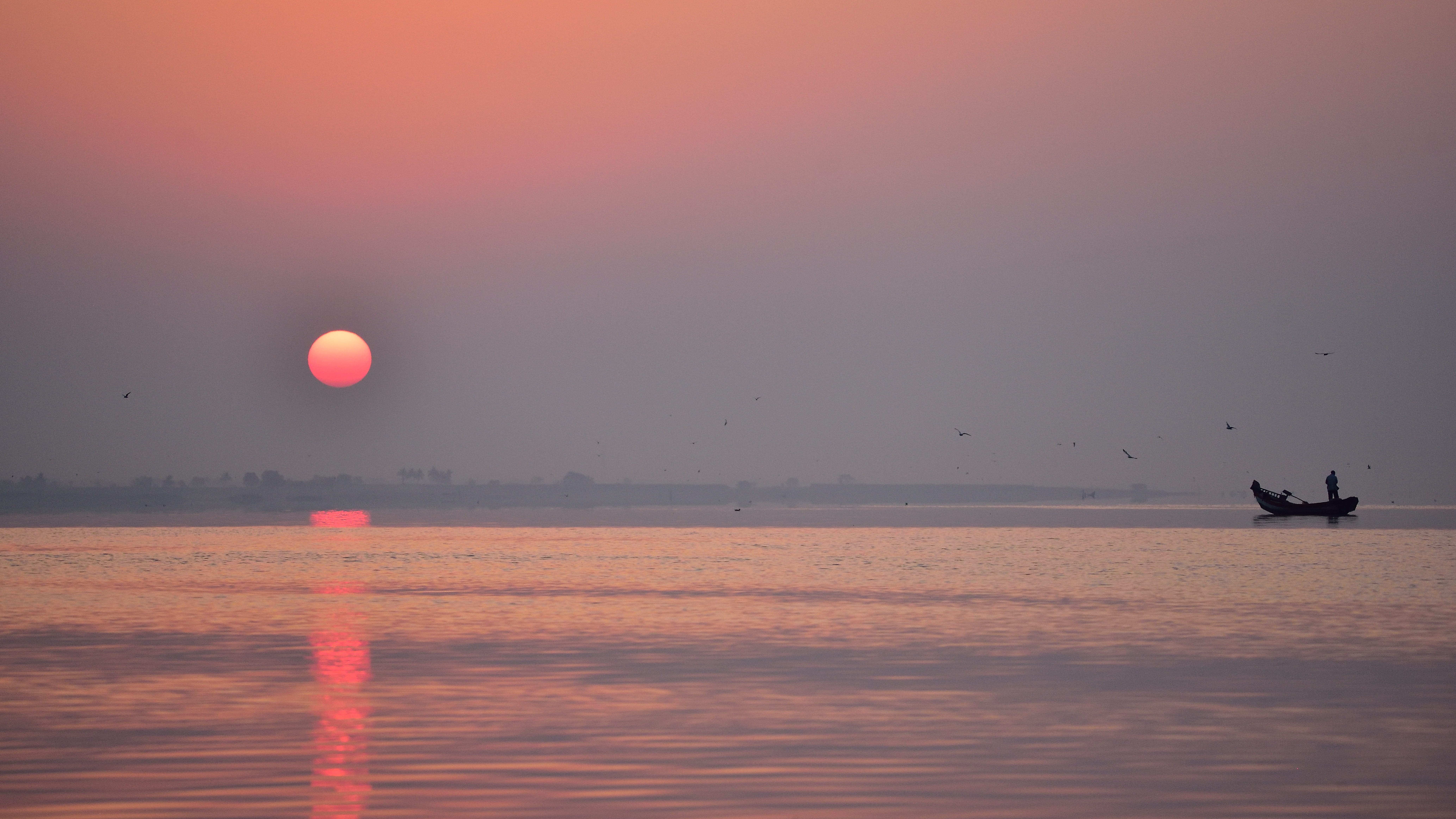 water, fisherman, reflection, outdoors, sunset, mode of transportation, fishing, tranquility, travel, full moon, tranquil scene, sun, scenics - nature, HD Wallpaper