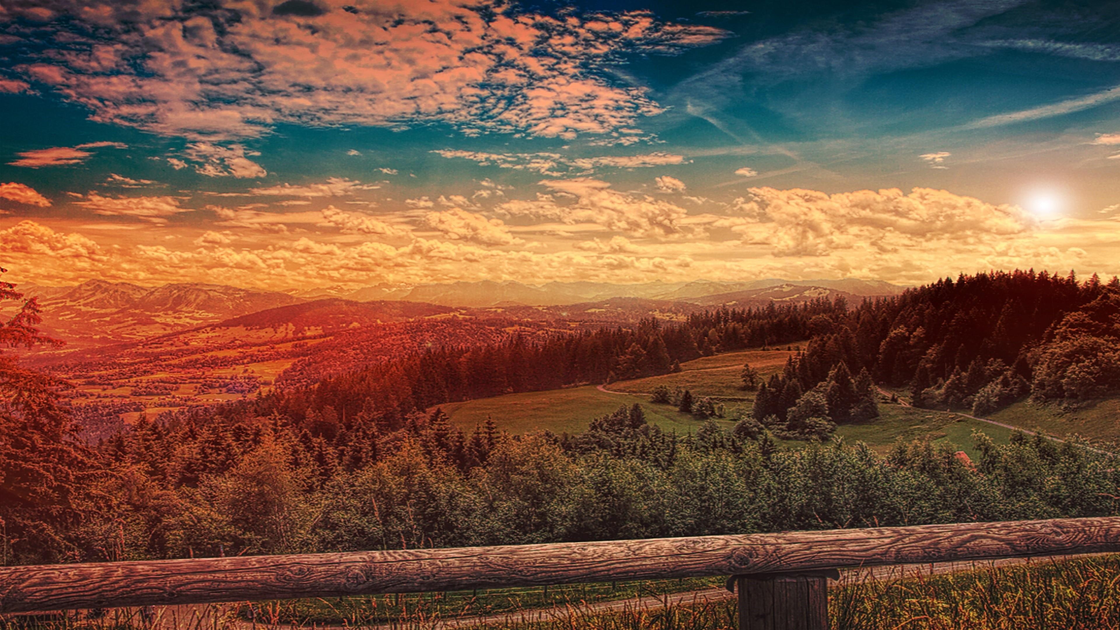 field, sunrise, trees, wilderness, photography, 4K, morning, rural area, sun, cloud, hill, nature, horizon, sunlight, landscape, landscape photography, HD Wallpaper