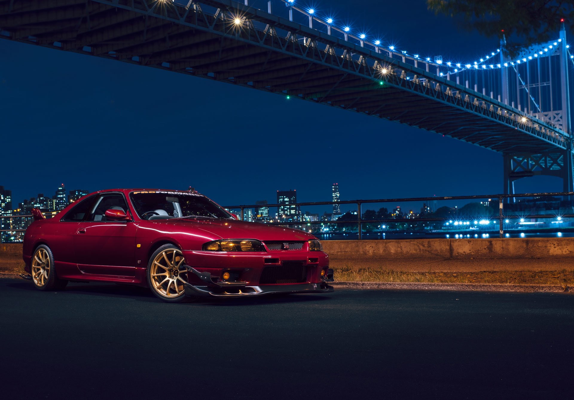 Car, red, Front, R33, coupe, Skyline, Bridge, NYC, Sport, Nissan, Nigth, Chery, New York, 1080P, HD Wallpaper