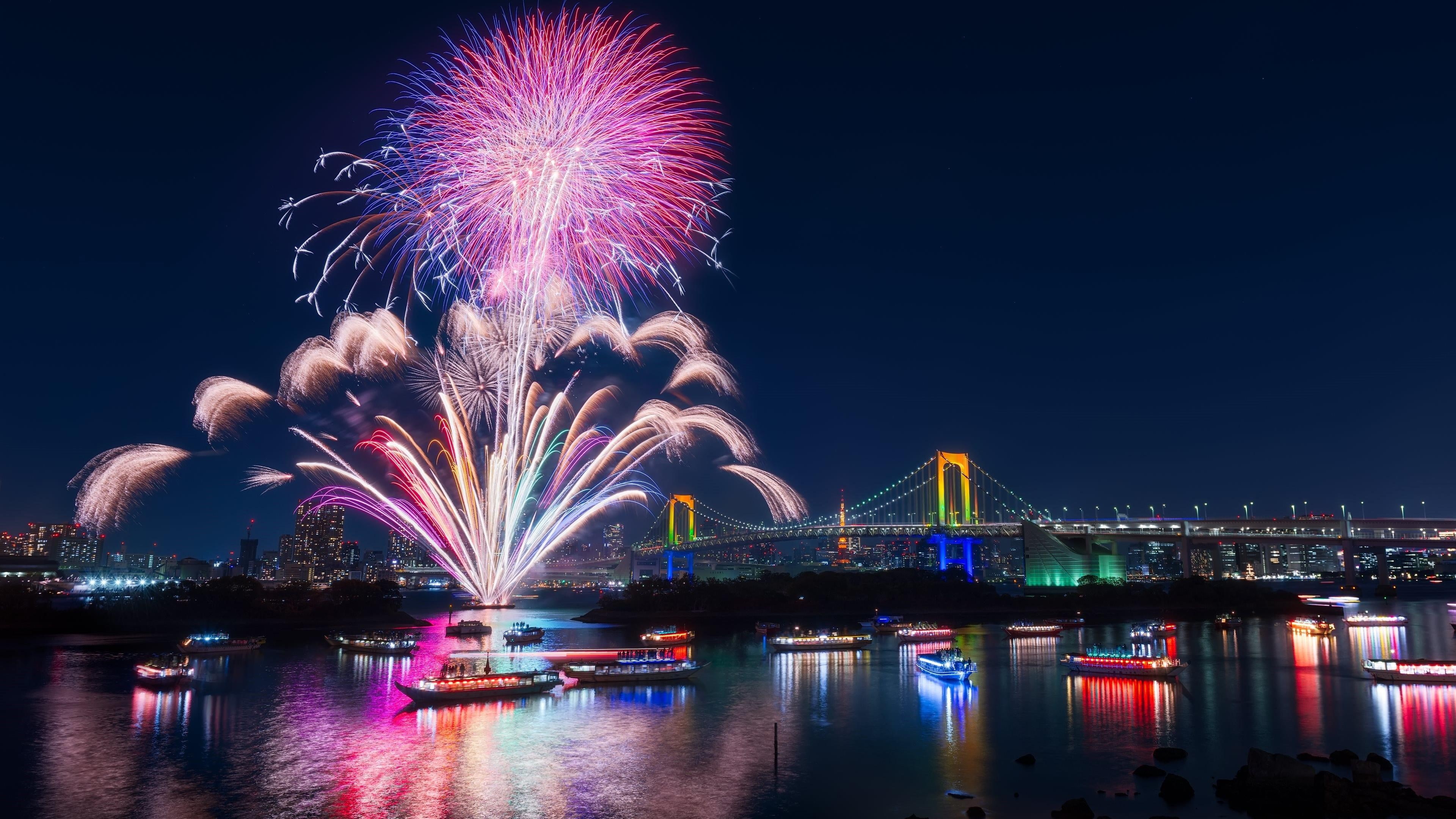 4K, firework, nigth, city, colors, HD Wallpaper