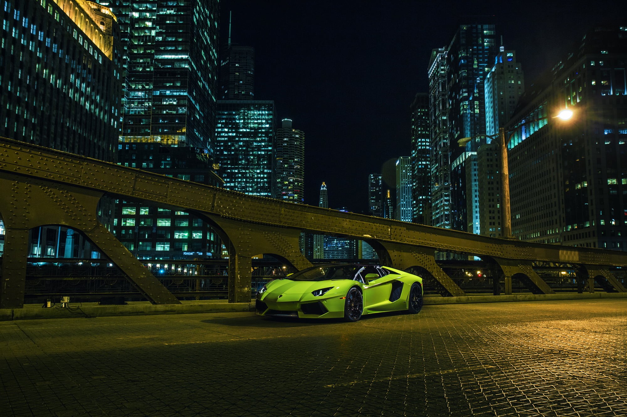 1080P, Aventador, no people, city life, building, cityscape, Green, Front, Roadster, Supercar, Chicago, land vehicle, office building exterior, mode of transportation, HD Wallpaper