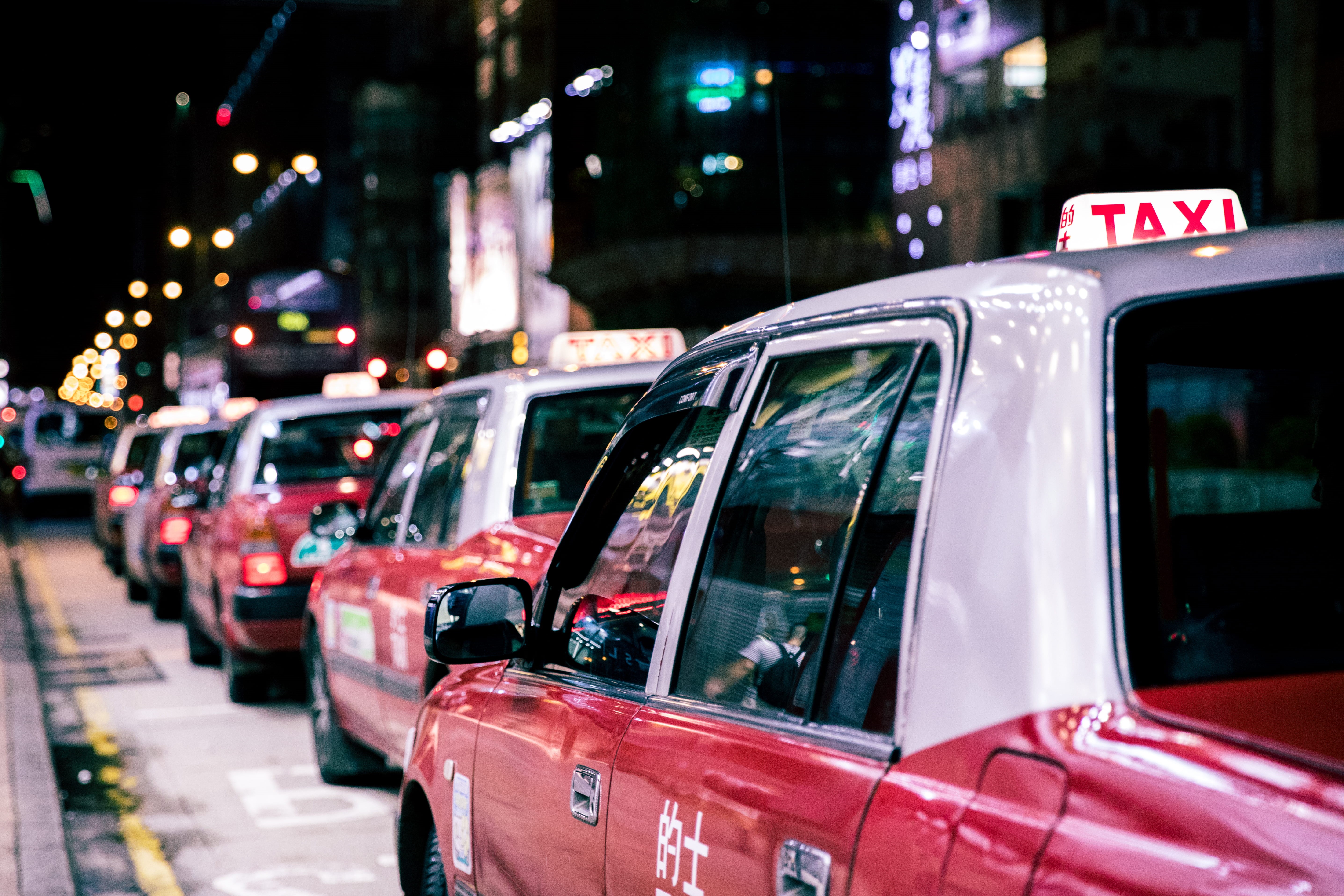 public transportation, mode of transportation, city life, cab, built structure, sign, no people, street, architecture, night, road, illuminated, focus on foreground, HD Wallpaper