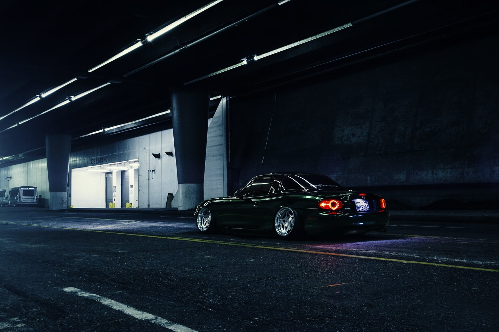 city, indoors, mode of transportation, ceiling, street, architectural column, MX-5, architecture, black, land vehicle, parking, night, Mazda, parking garage, HD Wallpaper