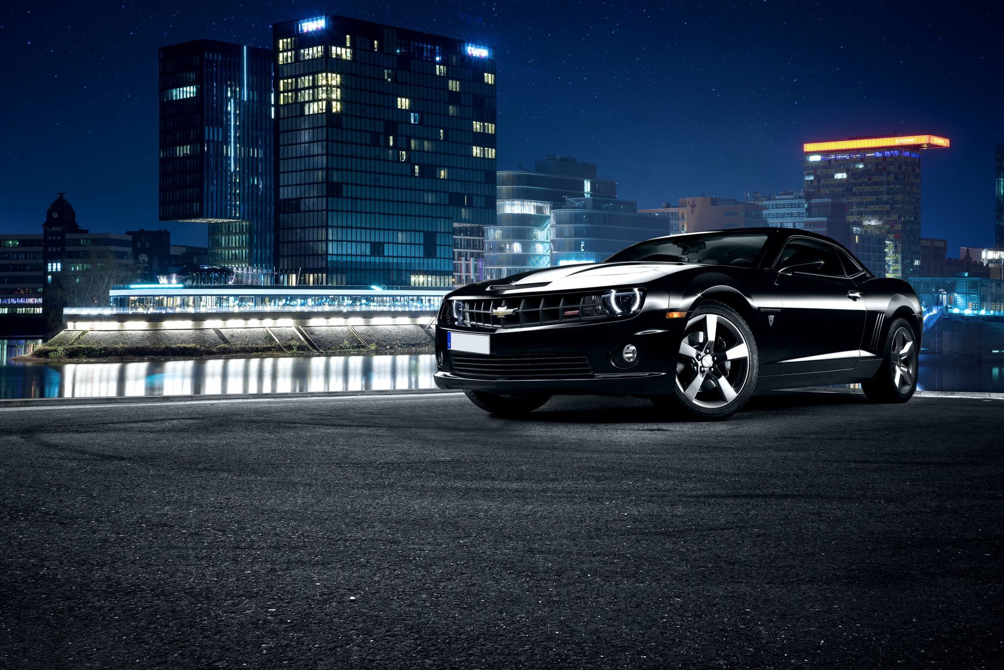 City, Front, Muscle, Camaro, 1080P, Nigth, Car, Scape, Chevrolet, Black, HD Wallpaper
