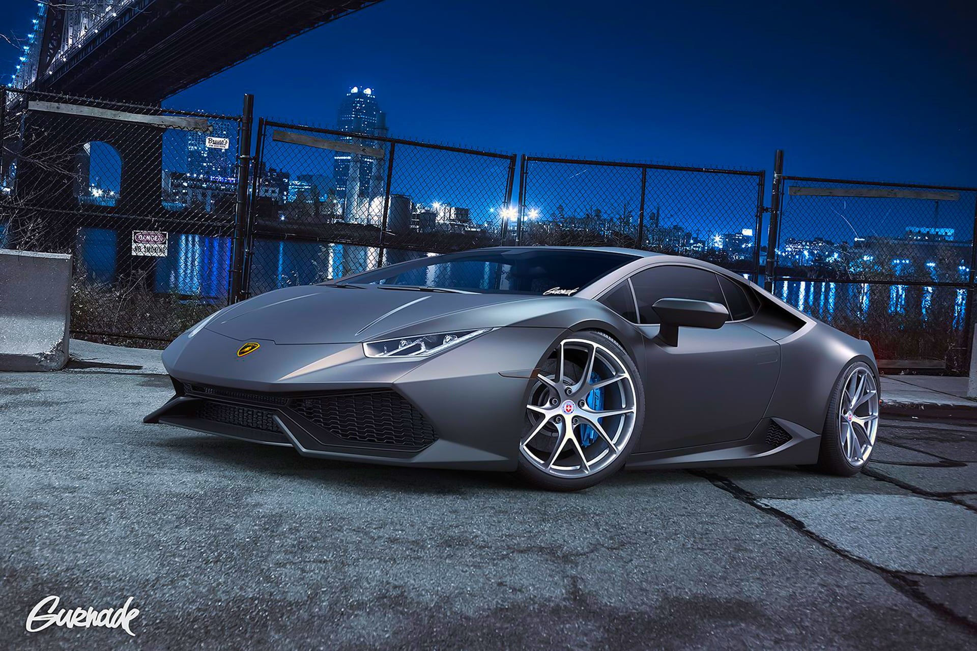 1080P, no people, Grey, motor vehicle, built structure, Wheels, road, Lamborghini, Nigth, illuminated, sky, Front, street, travel, sports car, coupe, HRE, HD Wallpaper