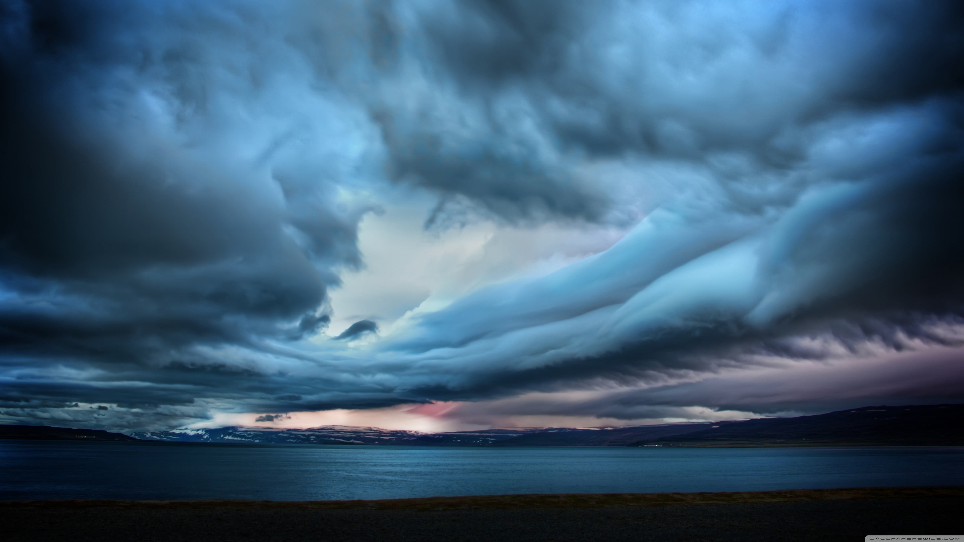 water, environment, outdoors, landscape, 4K, blue, storm, clouds, coastline, seascape, dark, scenics - nature, white, dramatic Sky, horizon, island, sea, HD Wallpaper