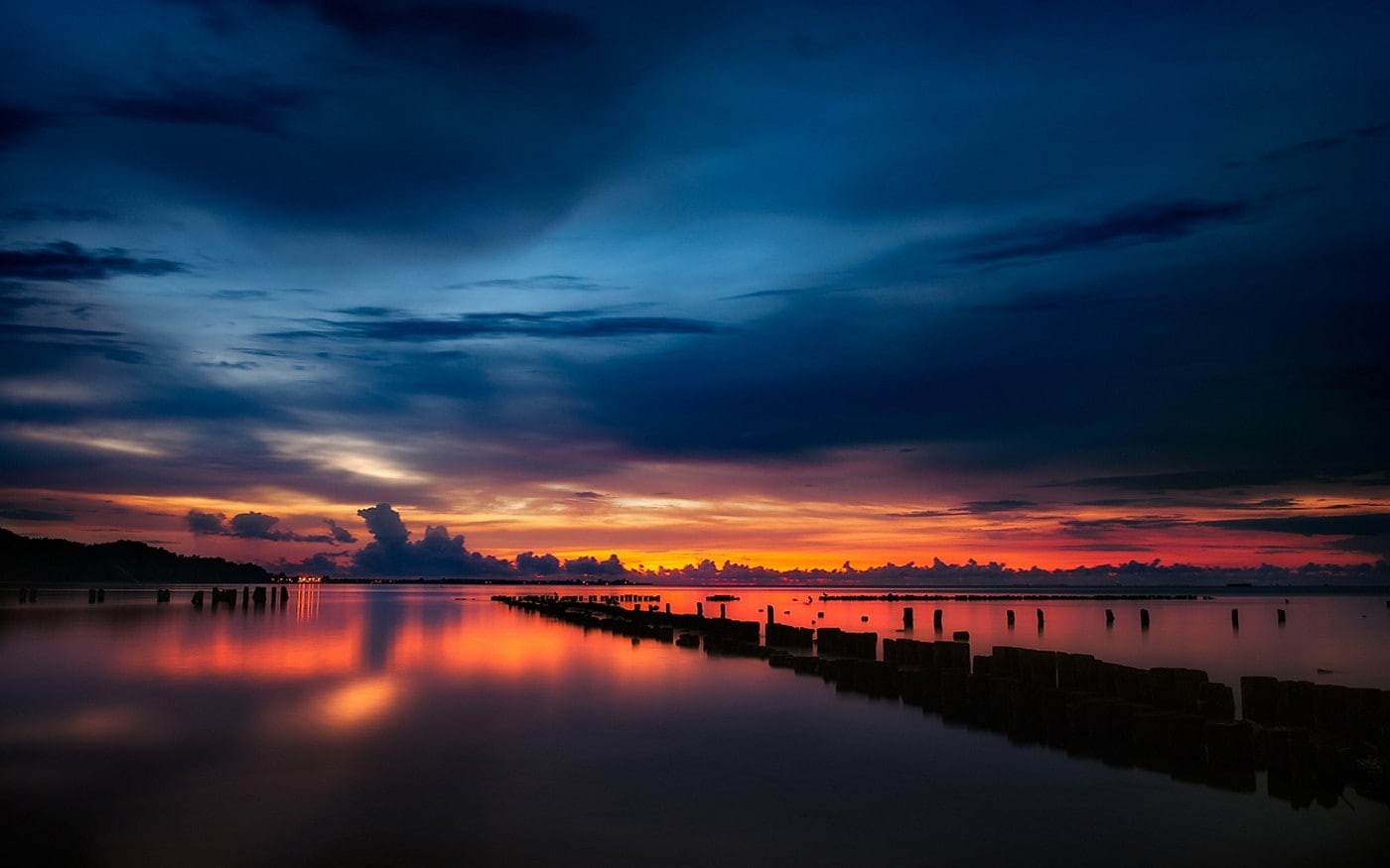 reflection, tranquility, moody sky, nature, blue, landscape, evening, dramatic sky, water, scenics - nature, no people, cloud - sky, outdoors, orange color, HD Wallpaper