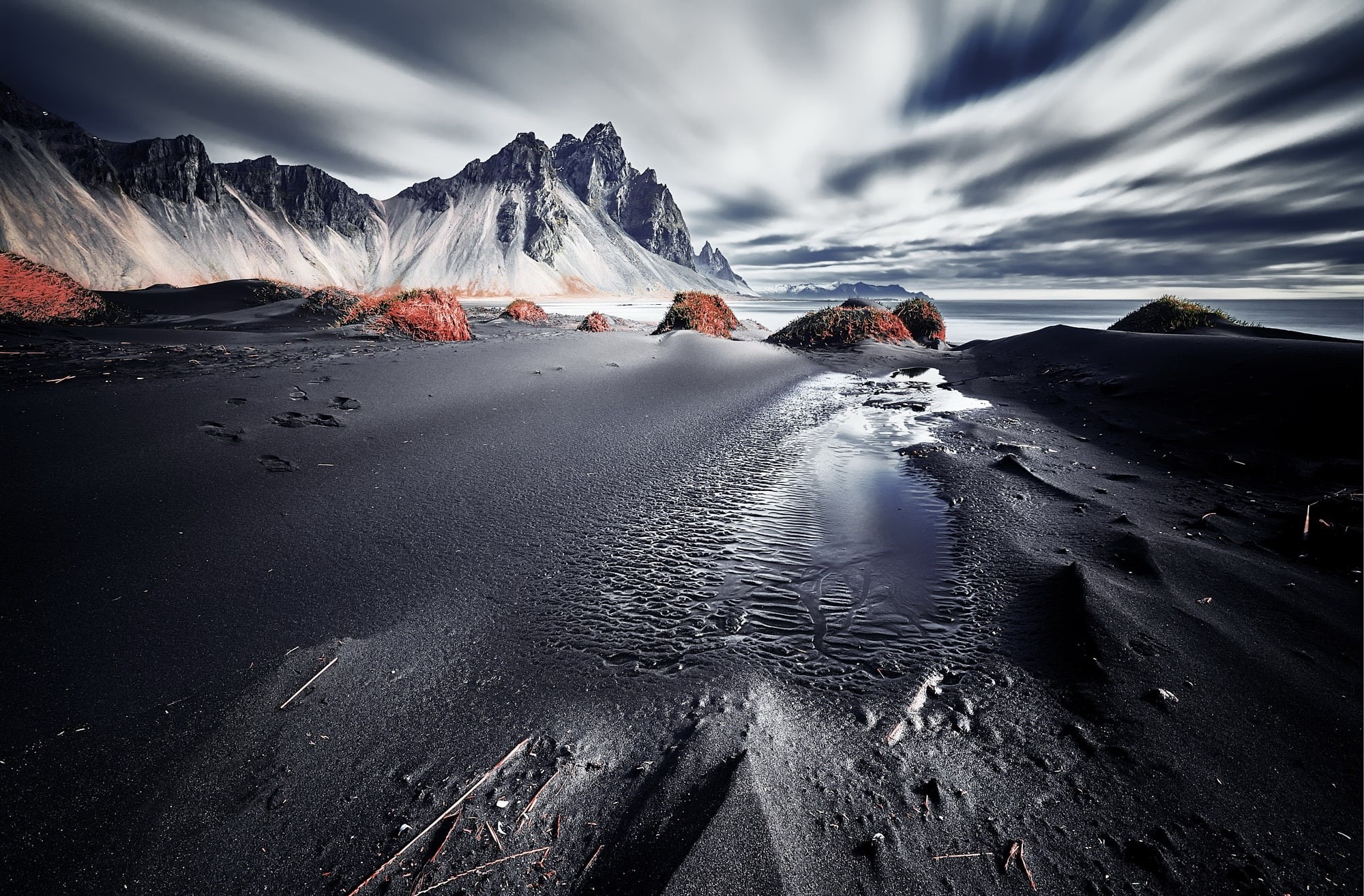 1080P, shore, black, mountain, sea, Vestrahorn Islande, white, HD Wallpaper