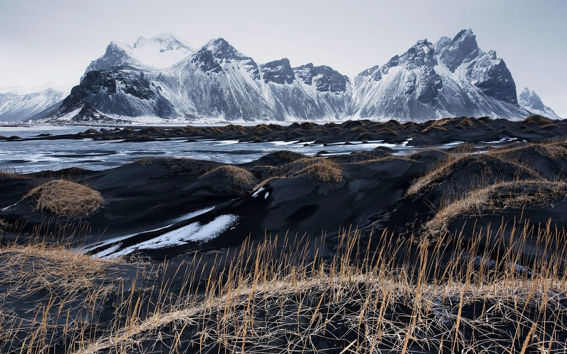 Black, Sky, 1080P, Iceland, Grass, covered, Vestrahorn, Sand, mountain, snow, Mountains, HD Wallpaper