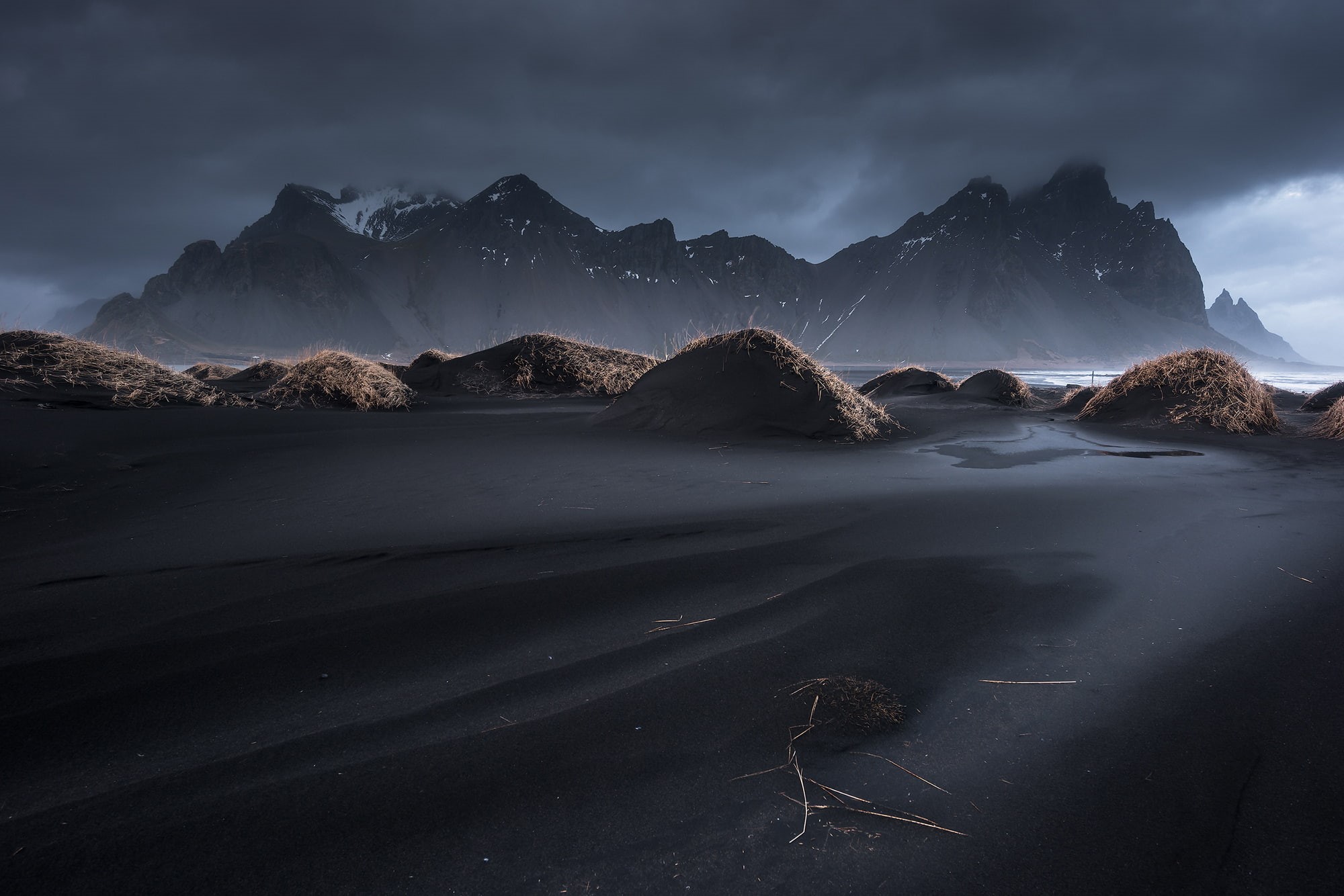 grass, 1080P, Stockksness, the sky, mountains, clouds, Iceland, Vestrahorn, black sand, HD Wallpaper