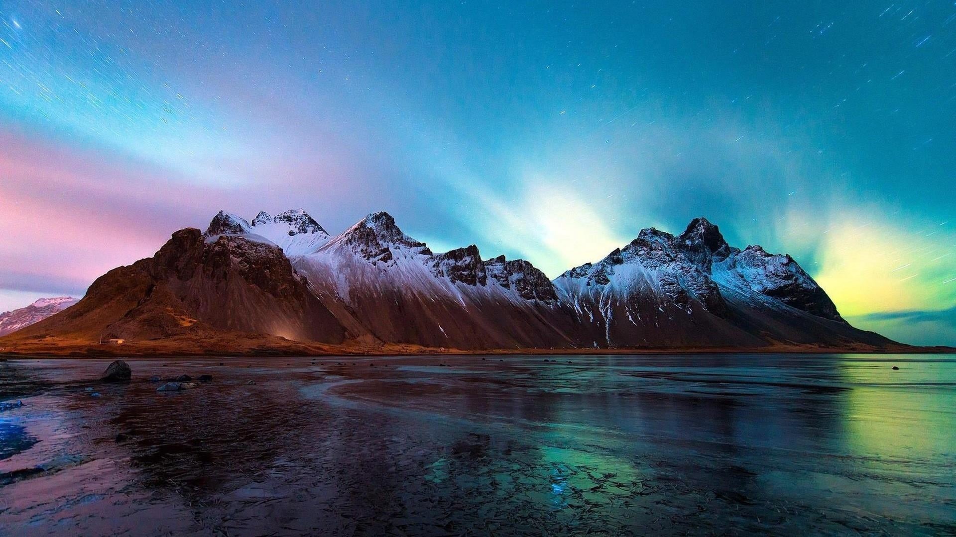 reflection, coast, vatnajokull national park, iceland, nature, water, ice, tranquil scene, winter, vestrahorn, snowcapped mountain, sky, mountains, vestrahorn mountains, HD Wallpaper