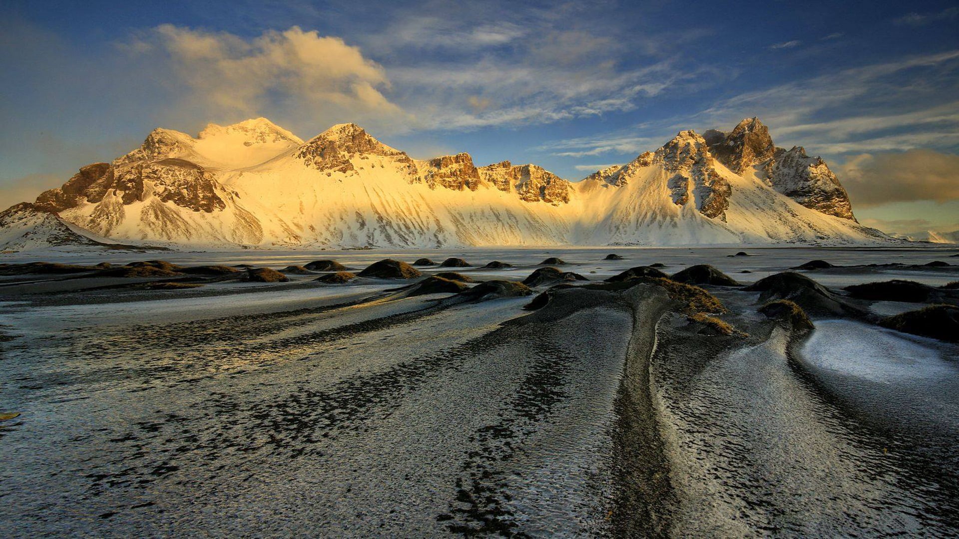 vestrahorn, winter, mountain, cold, caves, island, landscape, desktop, land, 1080P, iceland, sunsire, ice, hd, waterfalls, volcanoes, glaciers, HD Wallpaper