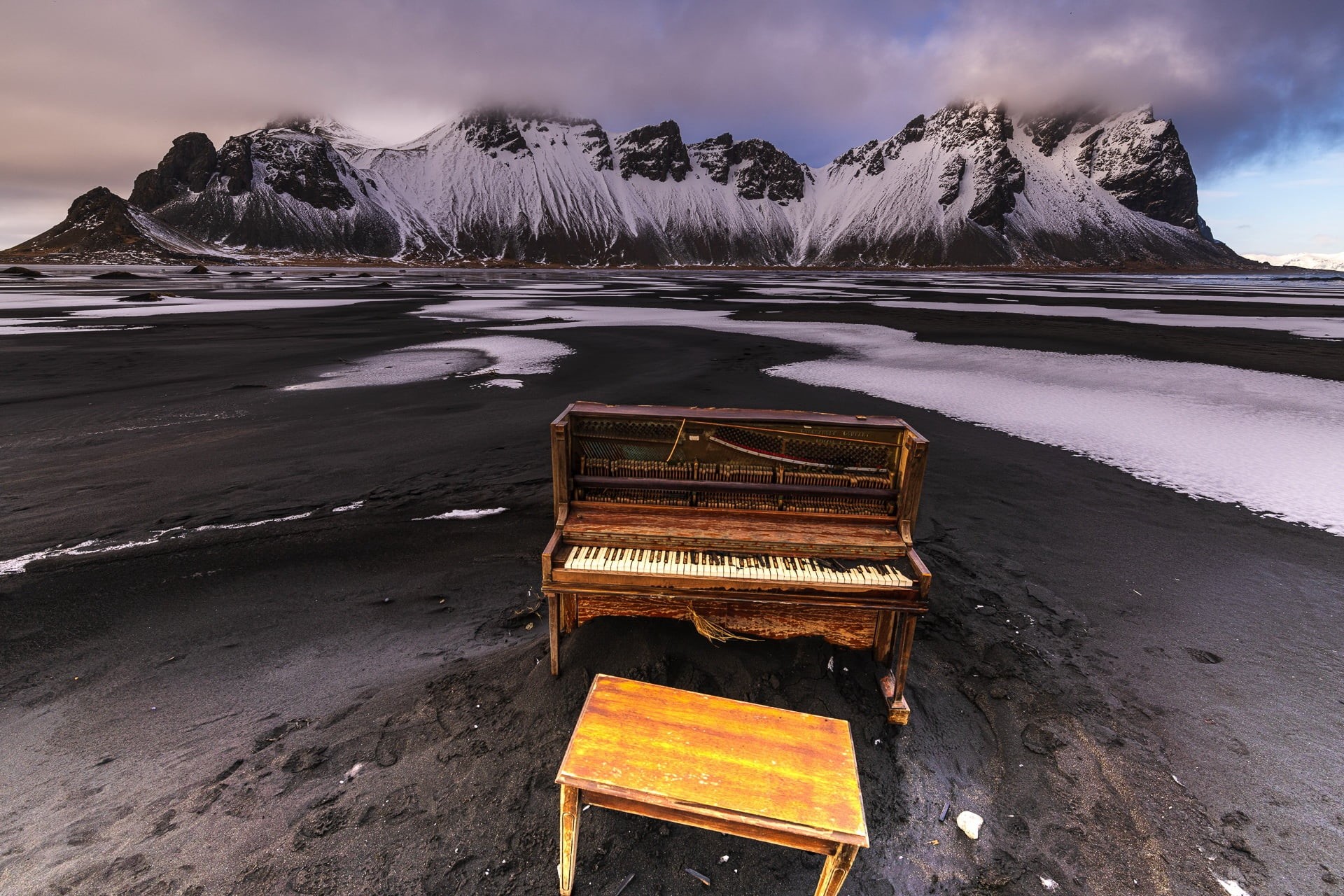 Vestrahorn Piano, Iceland, winter, beach, mountain, 1080P, HD Wallpaper