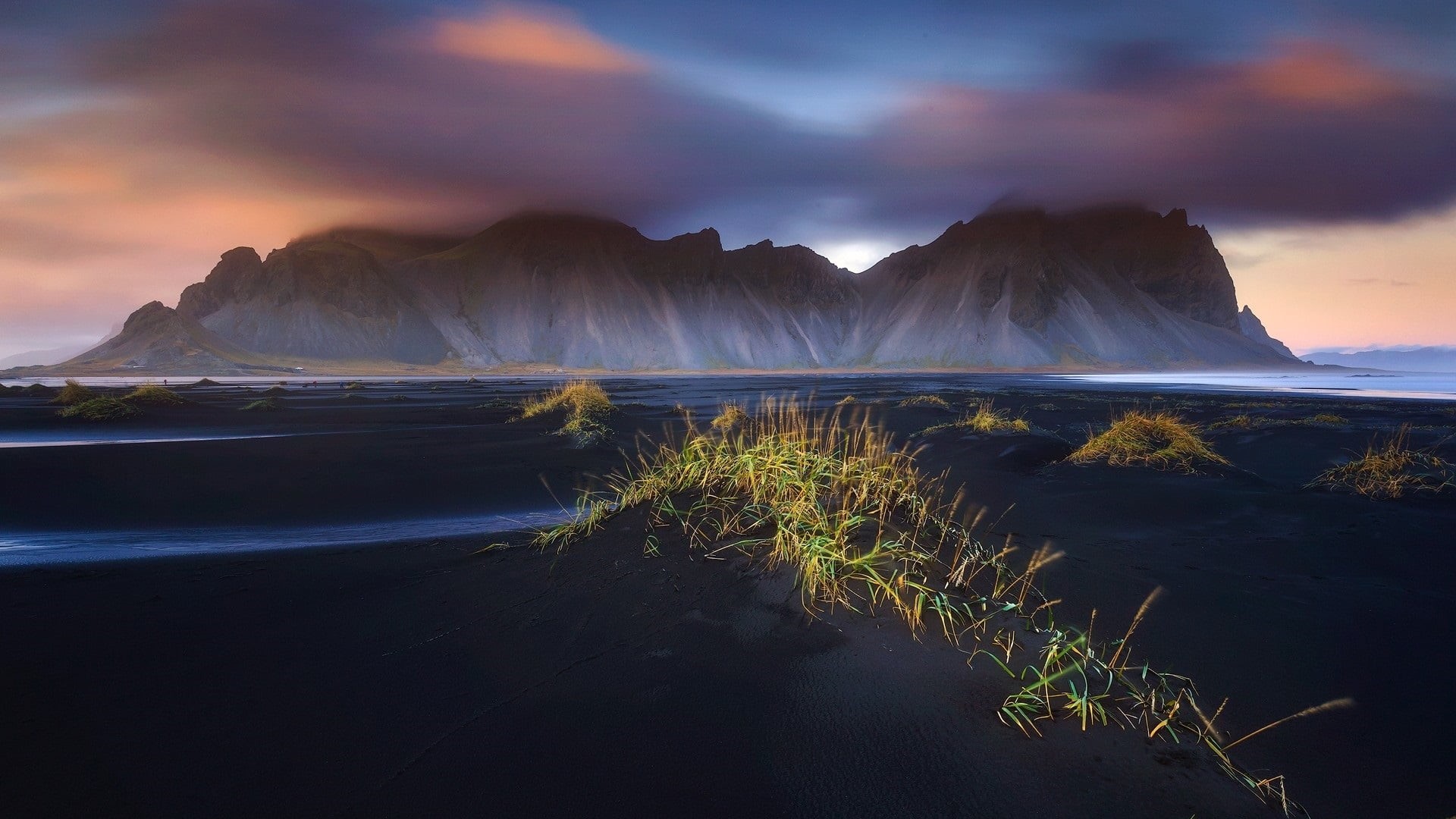 atmosphere, phenomenon, plant, mountain, outdoors, beauty in nature, sunset, land, vestrahorn mountains, water, mountains, sky, stokksnes, horizon, cloudy, HD Wallpaper