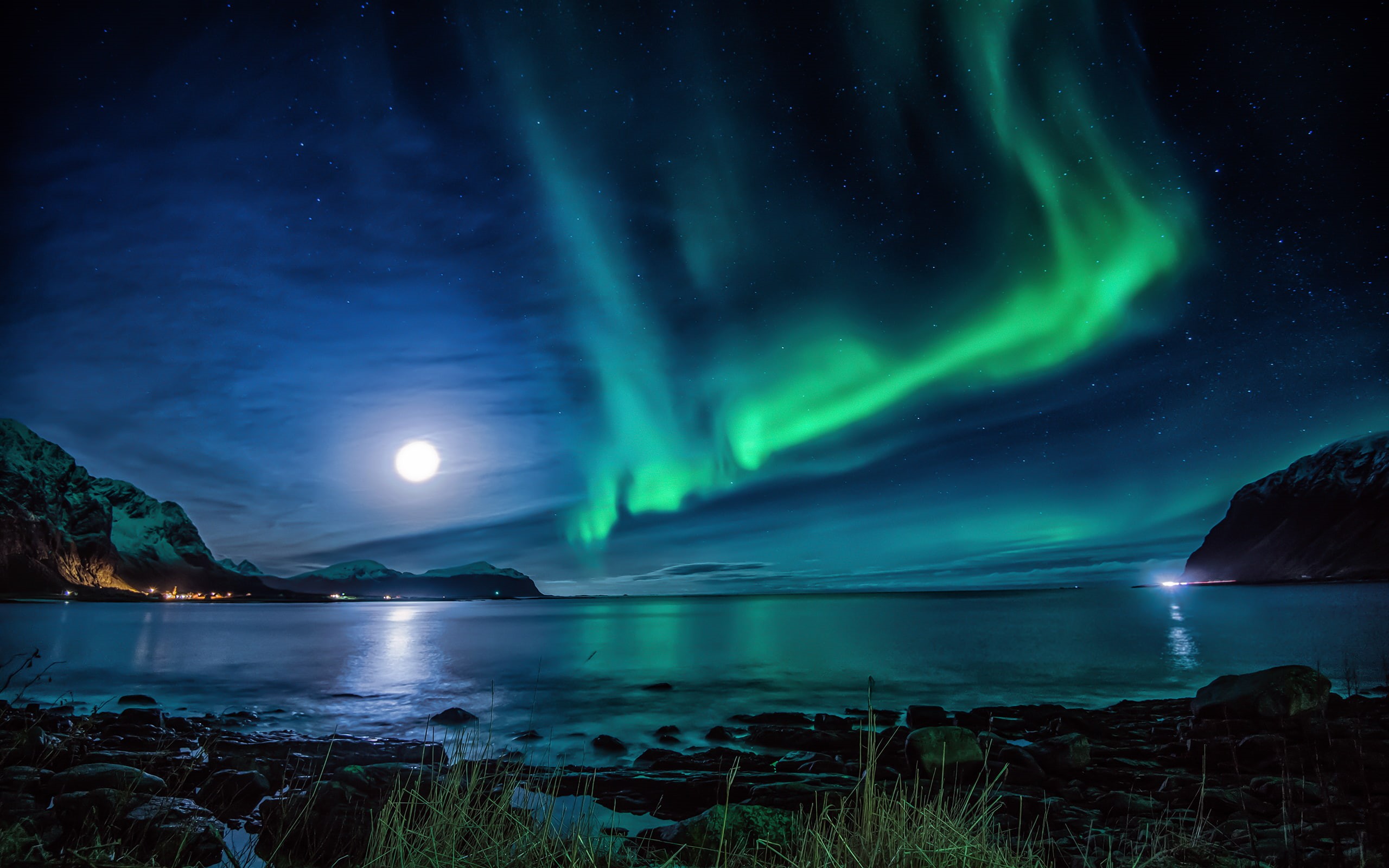 Earth, 2K, Water, Moon, Sky, Aurora Borealis, Ocean, Night, HD Wallpaper
