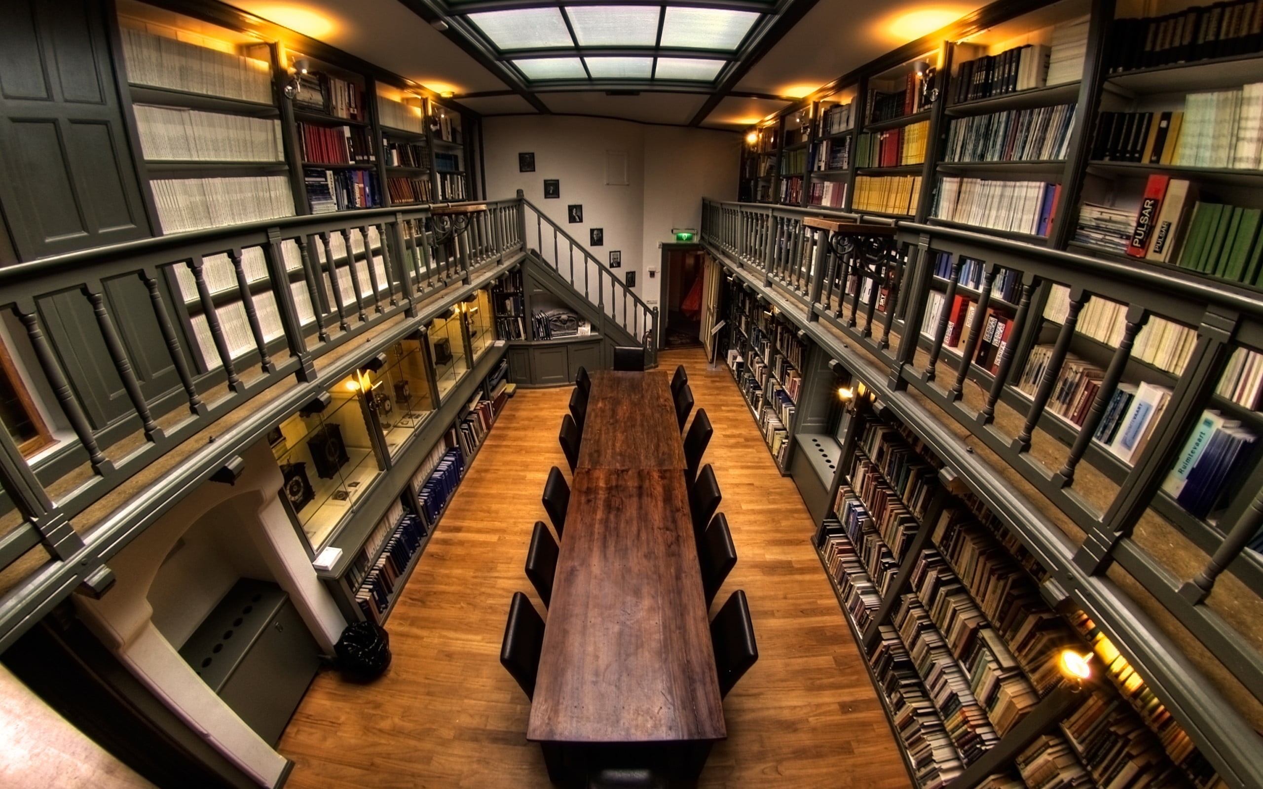 no people, flooring, built structure, publication, illuminated, shelf, staircase, fisheye lens, indoors, collection, studying, lighting equipment, brown, HD Wallpaper