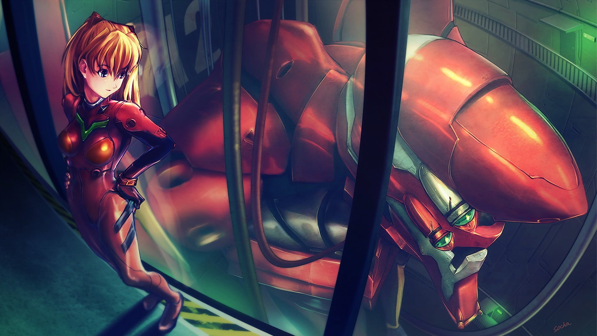EVA Unit 02, amusement park, fisheye lens, close-up, one person, representation, enjoyment, nature, indoors, anime girls, Asuka Langley Soryu, transparent, HD Wallpaper