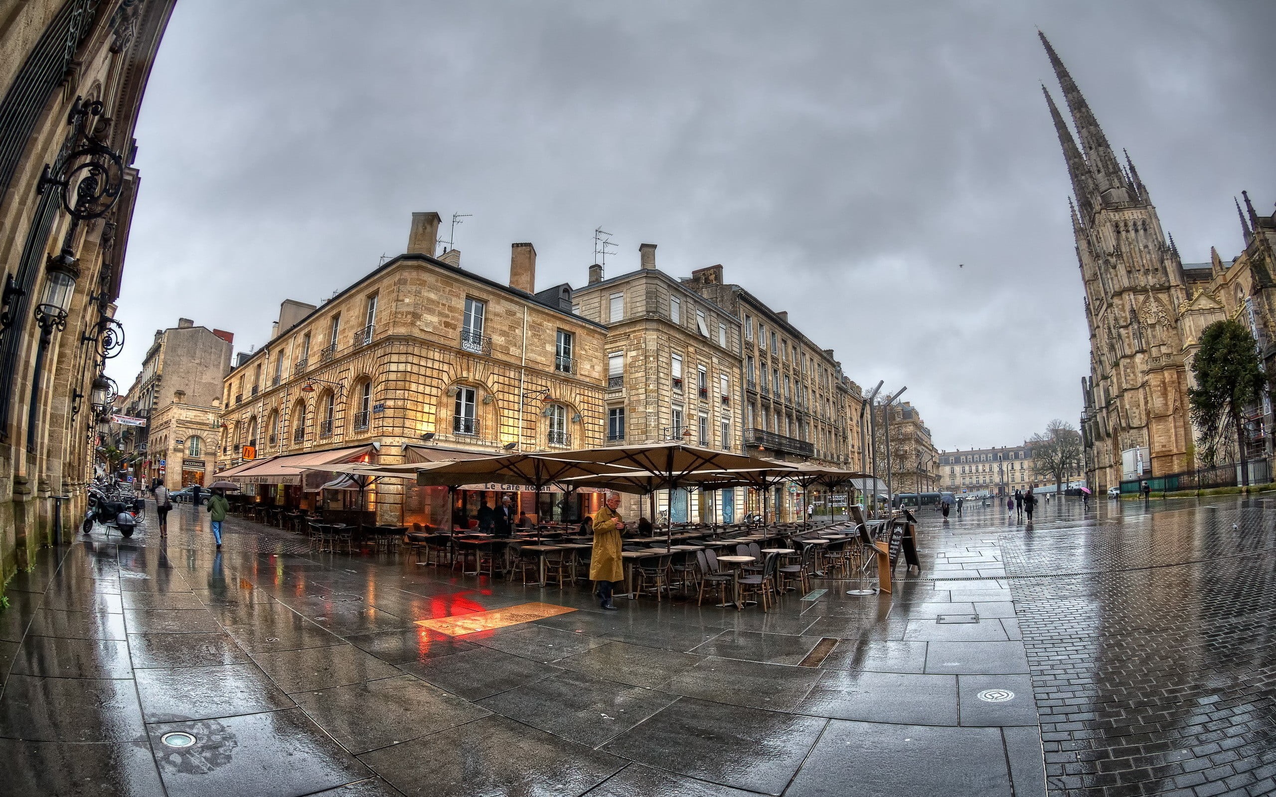 travel destinations, France, incidental people, city, day, rain, sky, photography, 2K, cityscape, street, fisheye lens, church, building, nature, outdoors, HD Wallpaper