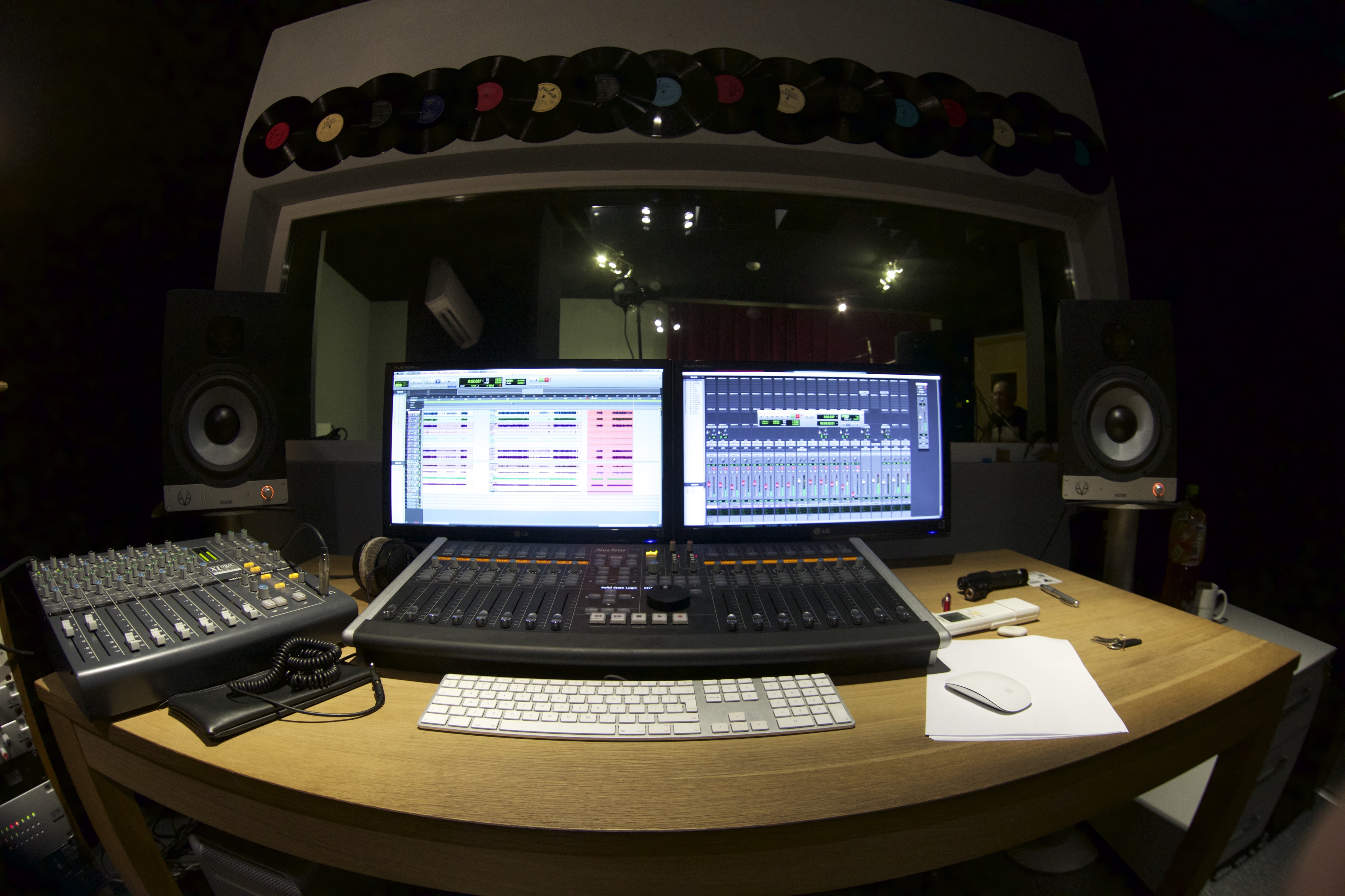 audio equipment, control, two, indoors, sound recording equipment, equipment, fisheye lens, illuminated, table, computer, mixing, electrical equipment, HD Wallpaper