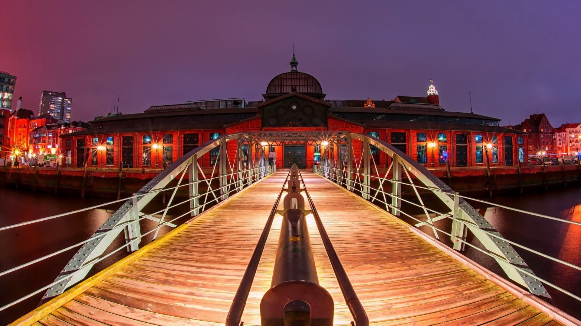 wooden surface, river, lights, sky, metal, old building, fisheye lens, night, architecture, 1080P, Germany, Hamburg, water, city, bridge, cityscape, landscape, HD Wallpaper