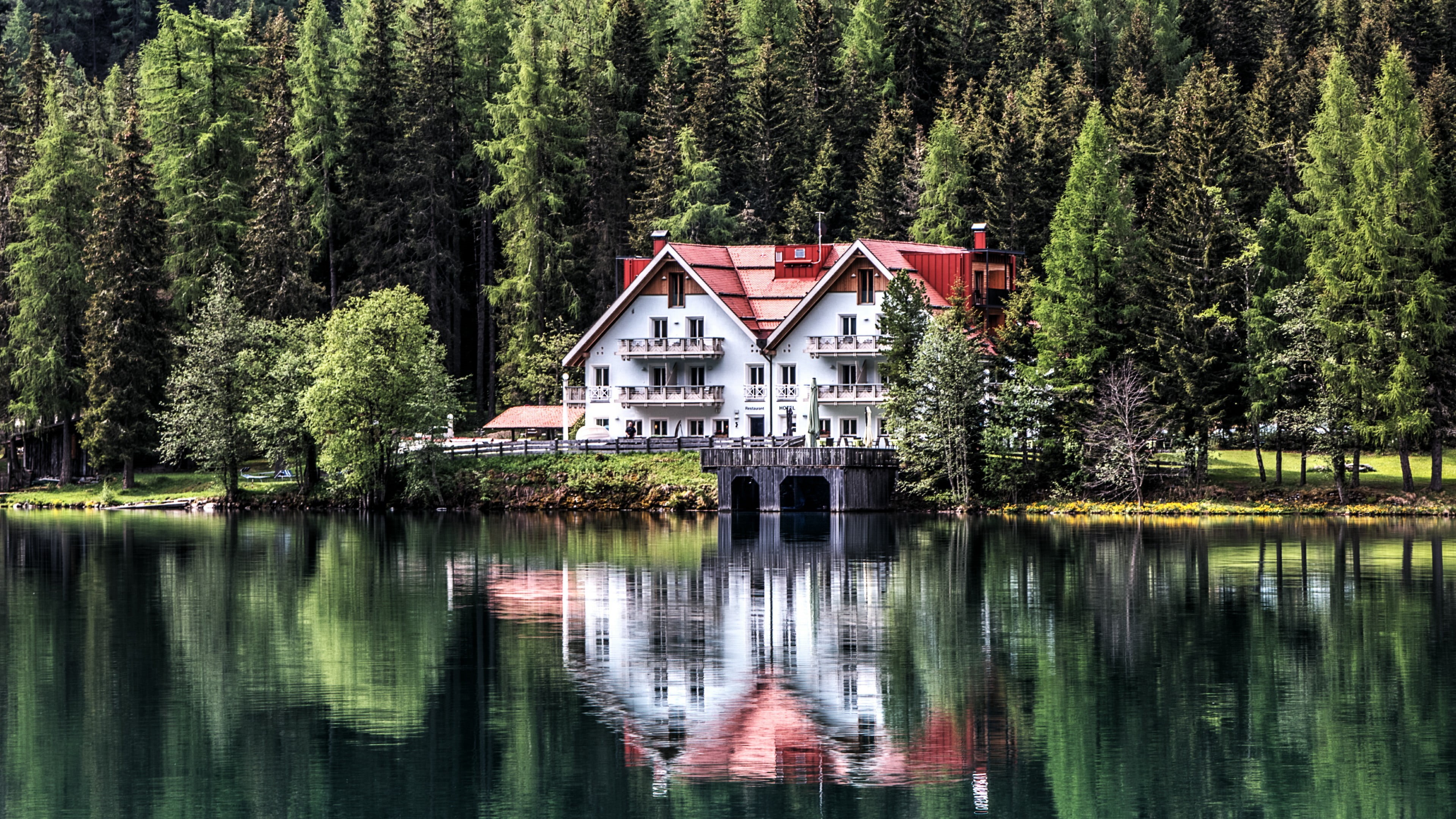 europe, building, building exterior, 4K, tranquility, landscape, antholz valley, italy, water, south tyrol, real estate, lakeside, waterfront, lake, plant, HD Wallpaper