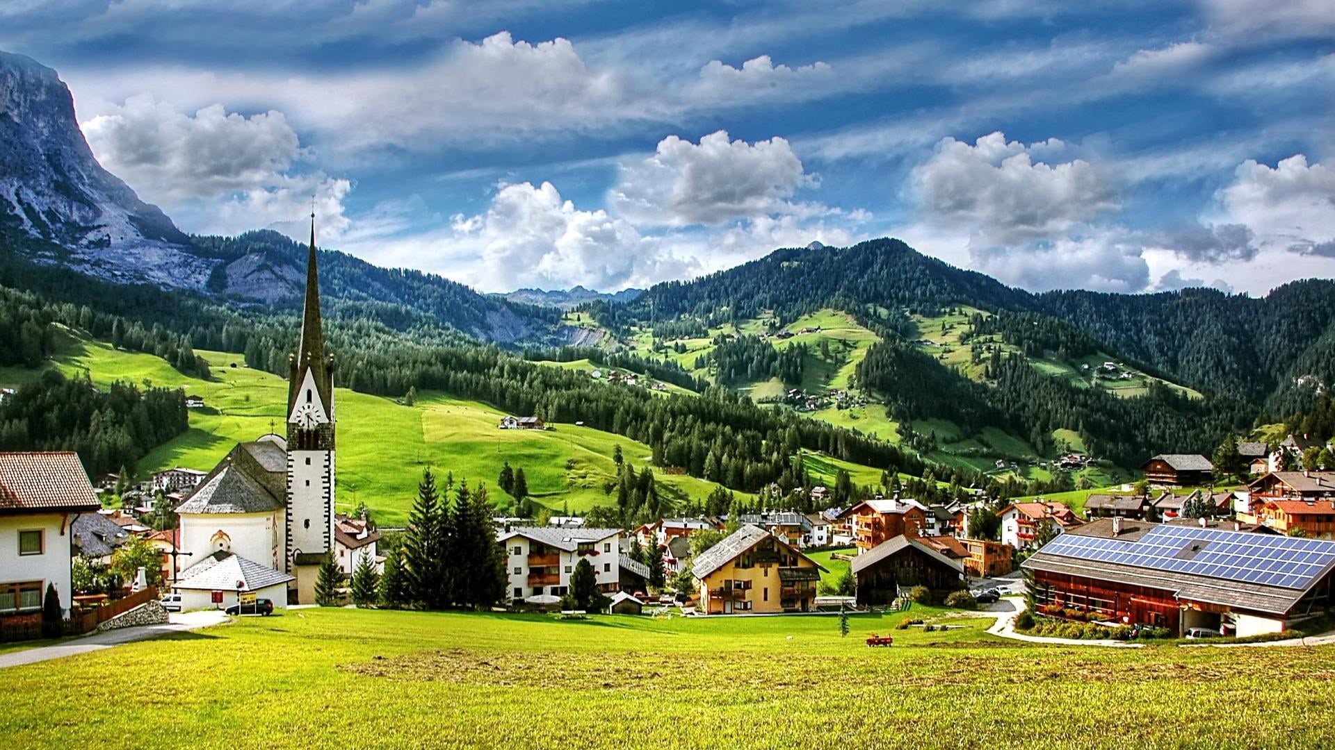 plant, residential district, alps, tree, highland, san leonardo, cloud, outdoors, passiria valley, built structure, no people, sky, cloud - sky, land, house, HD Wallpaper