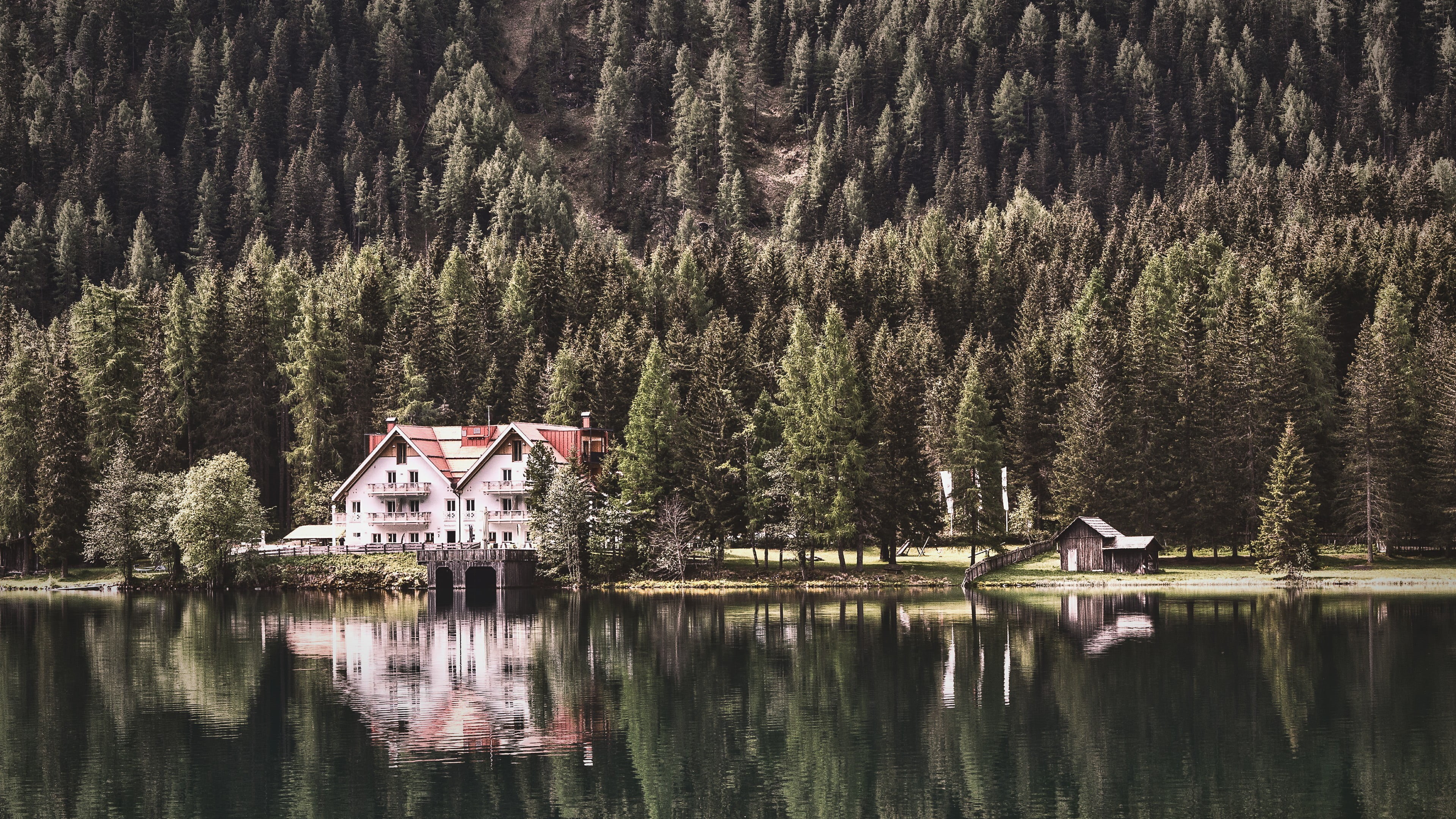 architecture, lakeside, forest, resort, south tyrol, mountain lake, no people, 4K, tree, lake, water, waterfront, antholzer see, beauty in nature, plant, HD Wallpaper