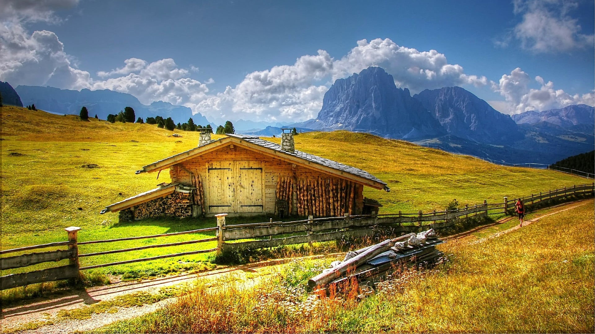 log cabin, scenics - nature, sky, italy, valgardena, field, langkofel, non-urban scene, no people, village, beauty in nature, cloud - sky, grass, tranquil scene, HD Wallpaper