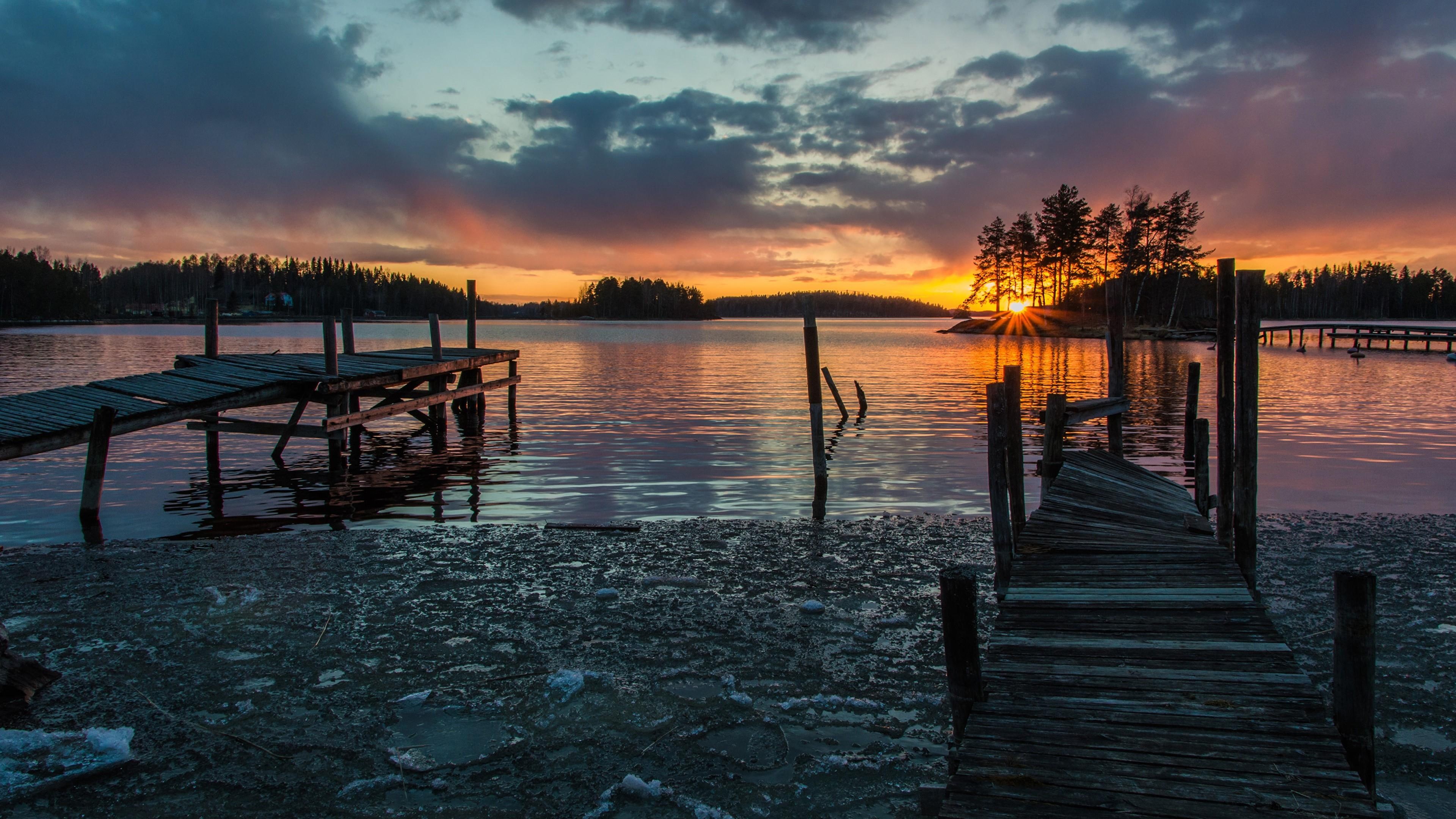 sky, europe, lake, reflection, lakeside, horizon, dusk, pier, dock, abandoned, eu, tree, cloud, savonlinna, evening, nature, 4K, finland, shore, sunset, HD Wallpaper