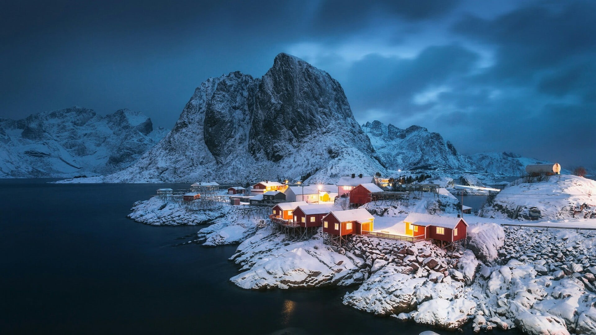 snow, fjord, red huses, sky, illuminated, travel, snowcapped mountain, mount scenery, mountain, dusk, travel destinations, glacial landform, holiday, night, HD Wallpaper