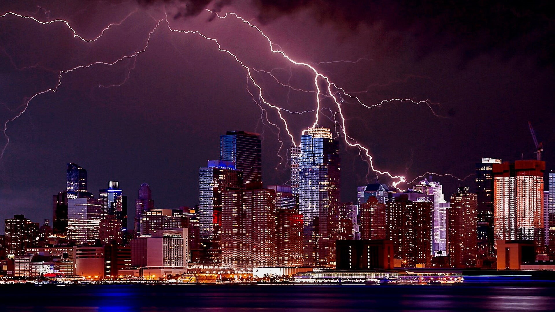 thunder, night, illuminated, cloud - sky, building exterior, downtown, building, darkness, city, skyscraper, cityscape, metropolis, storm, outdoors, power, HD Wallpaper