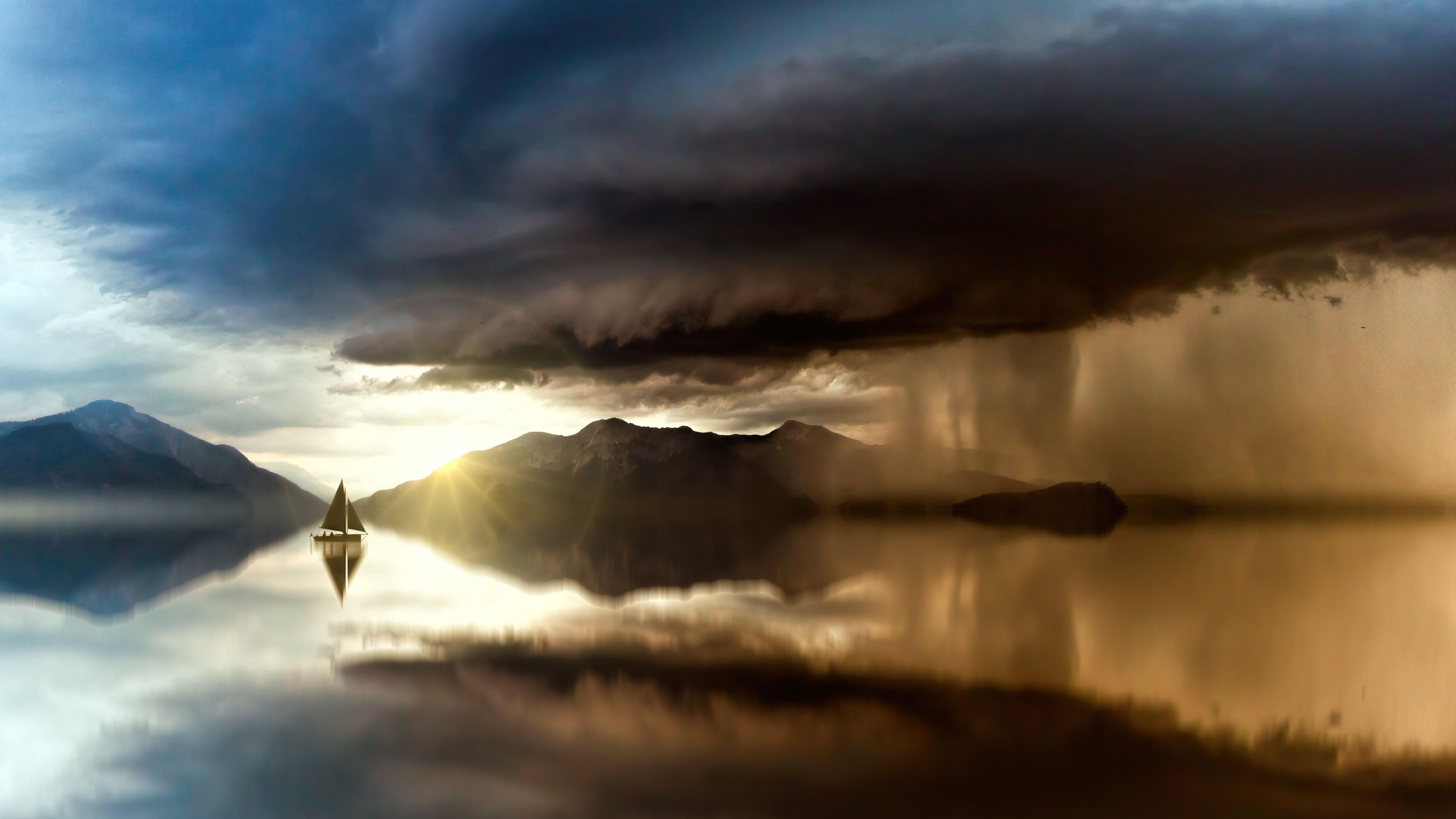 sunbeam, mood, panorama, ocean, power in nature, sea, outdoors, forward, scenics - nature, tranquility, nature, sunset, water, cloud - sky, mountain, clouds, HD Wallpaper