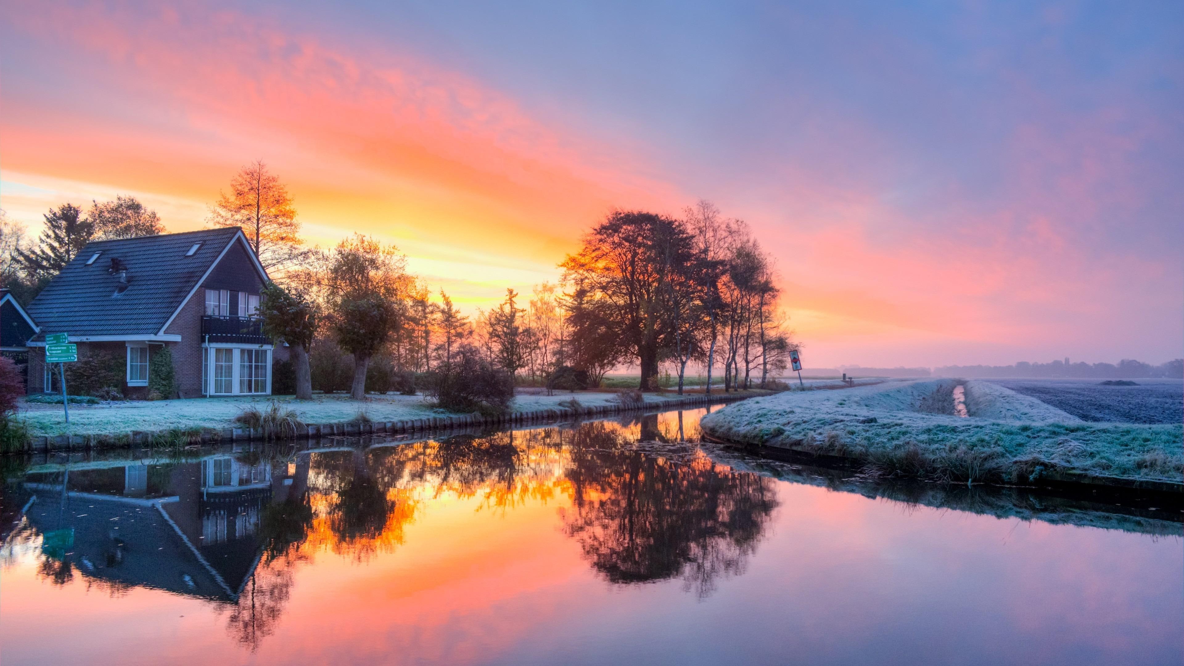 landscape, morning, orange sunrise, home, bank, dawn, winter, red sky at morning, waterway, house, hoarfrost, 4K, frosty, canal, red sky, orange sky, sunrise, HD Wallpaper