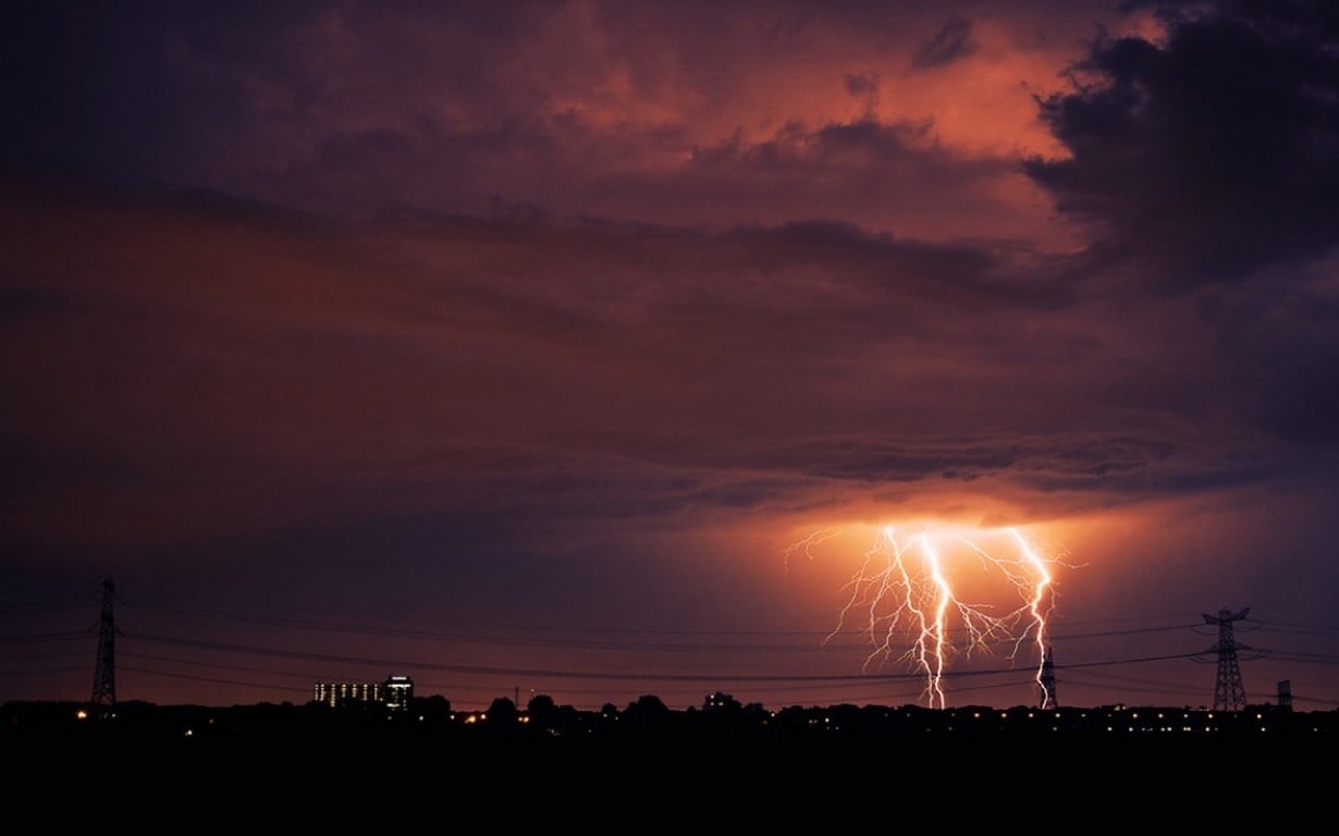 480P, thunderstorm, beauty in nature, environment, dark, no people, outdoors, landscape, night, lightning, architecture, storm, scenics - nature, sunset, HD Wallpaper
