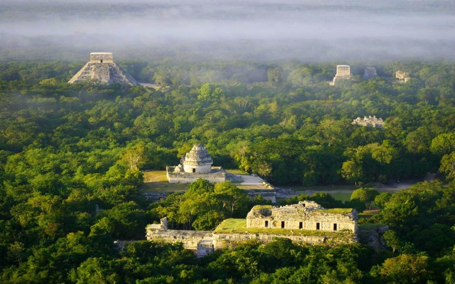 landscape nature chichen itza temple ruins archeology tropical forest mexico morning mist sunlight aerial view, 720P, HD Wallpaper