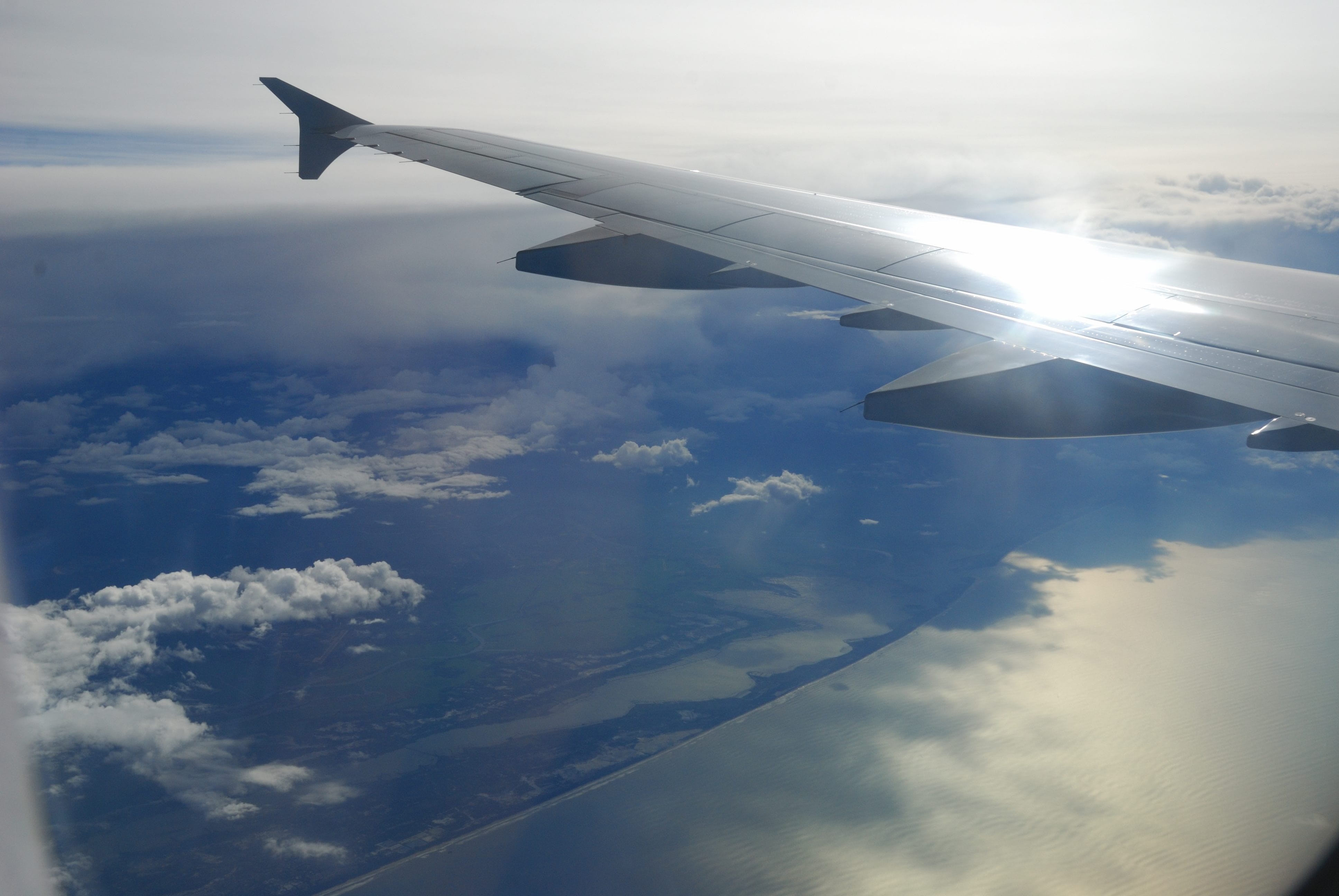 aircraft wing, airline, nature, day, sun, blue sky, clouds, above, flying, cloud - sky, Reflection, wing, Sea, scenics - nature, sky, outdoors, Bank, photography, HD Wallpaper