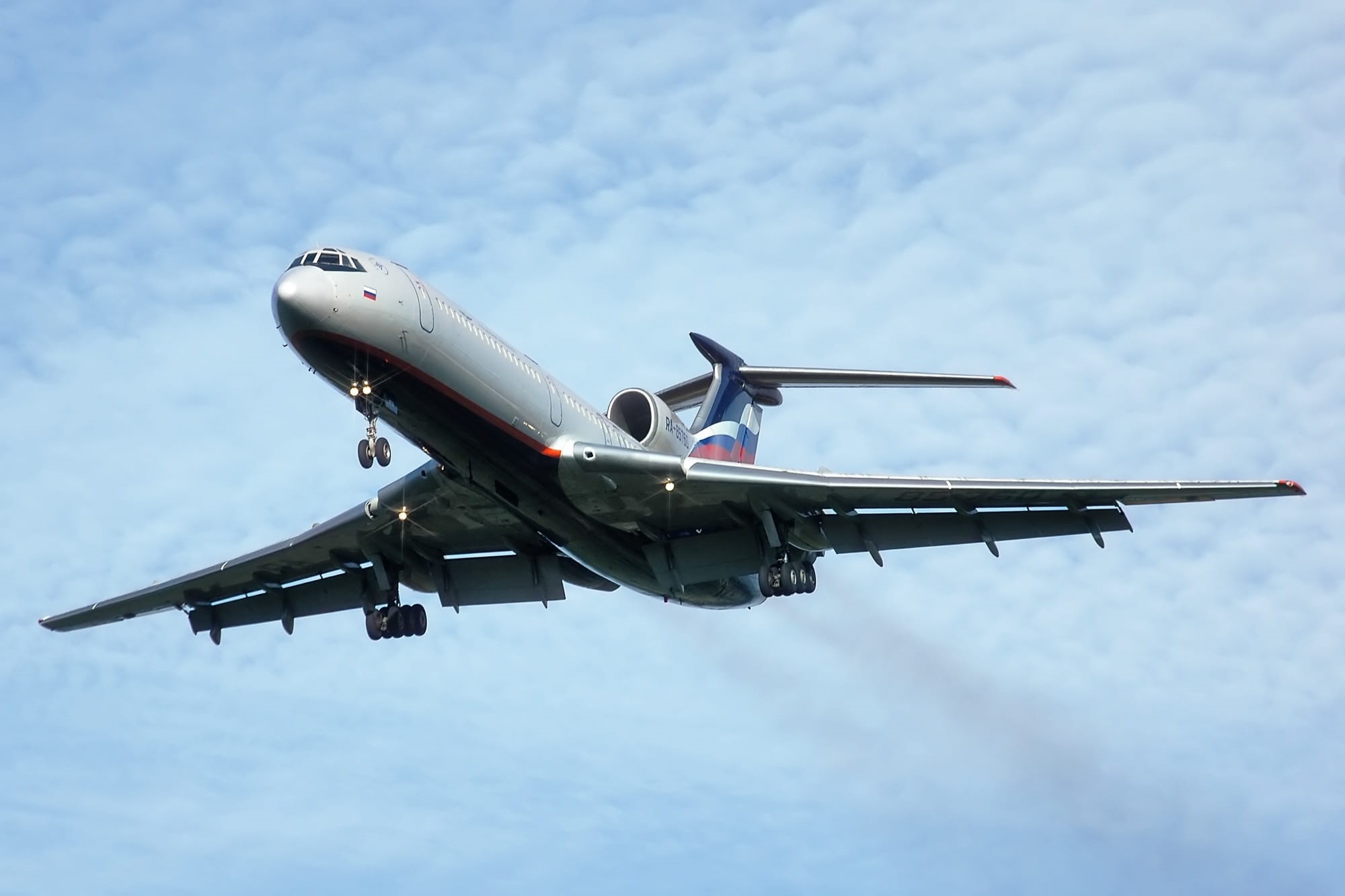 cloud - sky, air vehicle, aerospace industry, Jet, mid-air, commercial airplane, no people, blue, flying, aircraft, sky, day, journey, Tu 154, transportation, HD Wallpaper