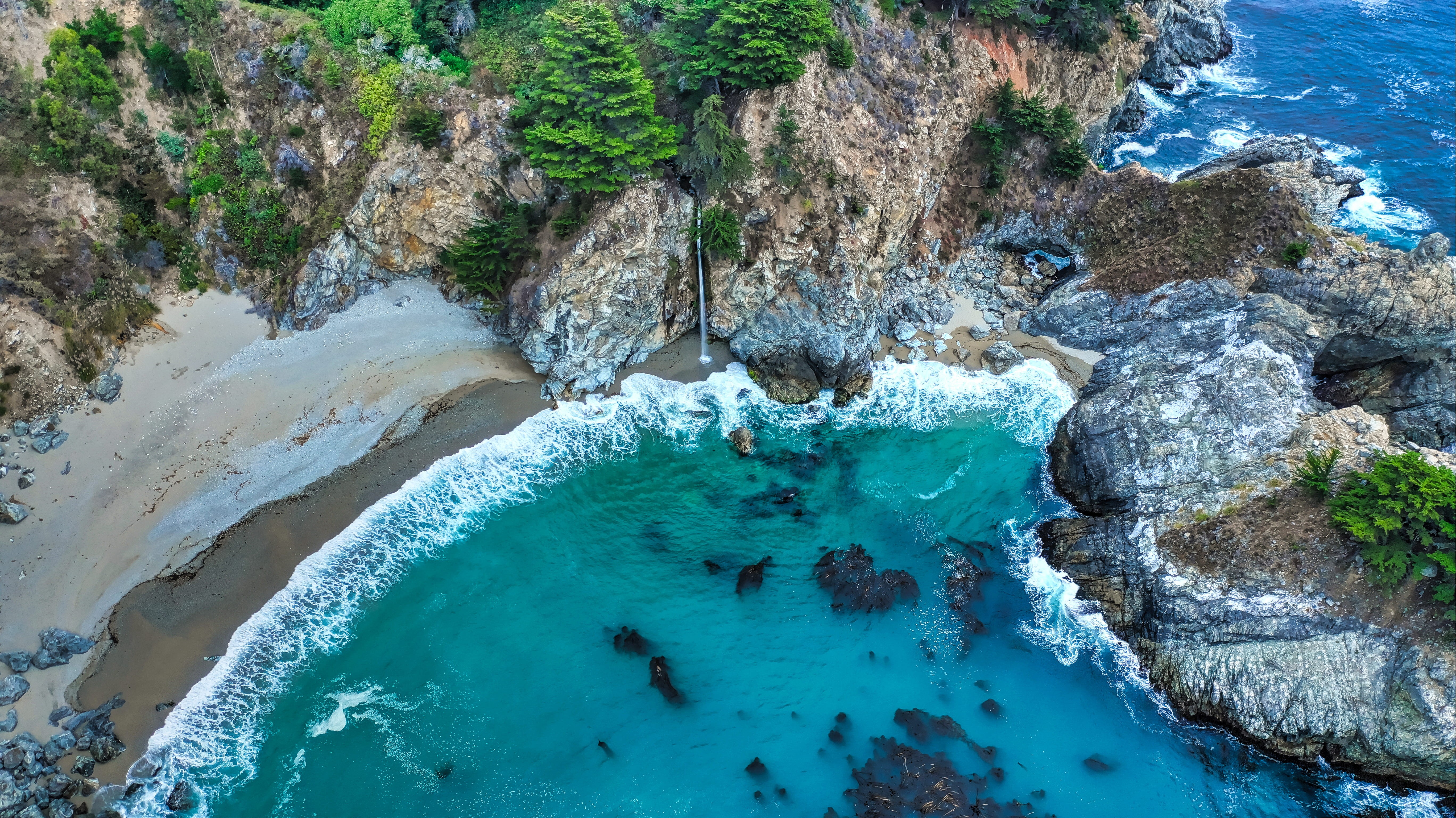 sea, ocean, shore, landscape, west coast, beach, rock - object, aerial, plant, tree, bay, photography, coastal, no people, from above, waterfall, outdoors, HD Wallpaper