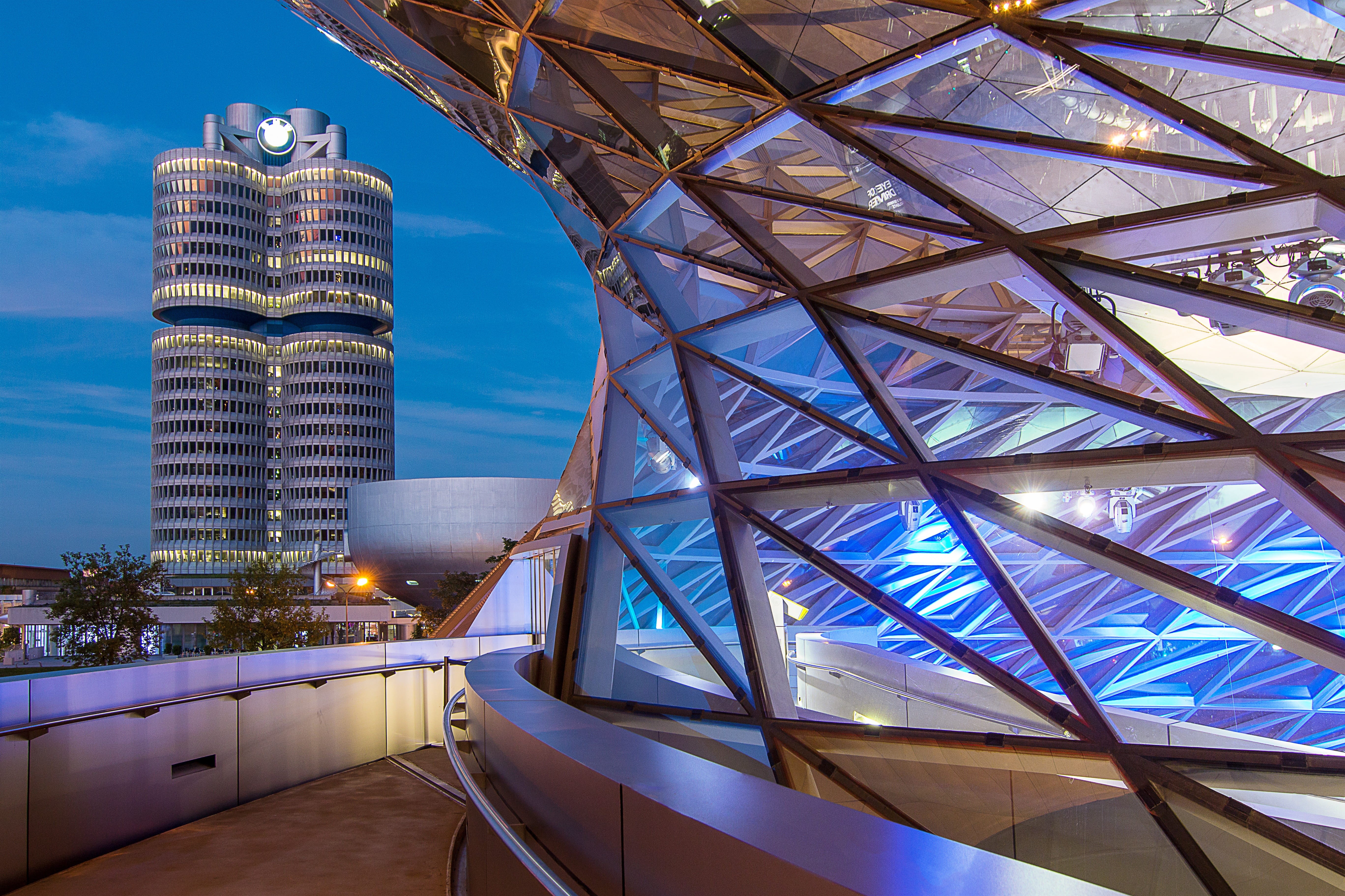 modern, cityscape, 5K, state, sunset, office building exterior, building, architecture, illuminated, nature, bmw welt, alloy, night mood, munich, high, HD Wallpaper