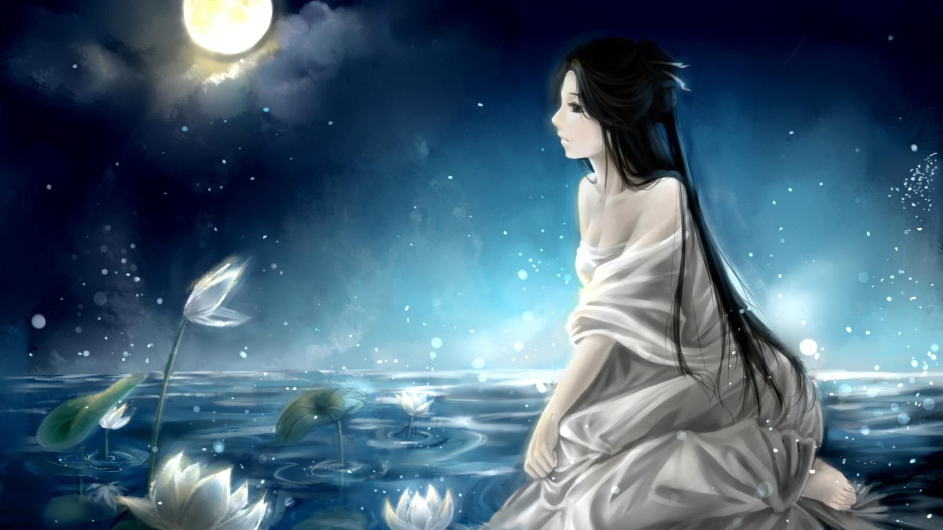 water, 1080P, front, moon, sitting, beautiful, night, beautiful mood, flowers, painting, girls, water lily, time, dress, lily, woman, mood, white, HD Wallpaper