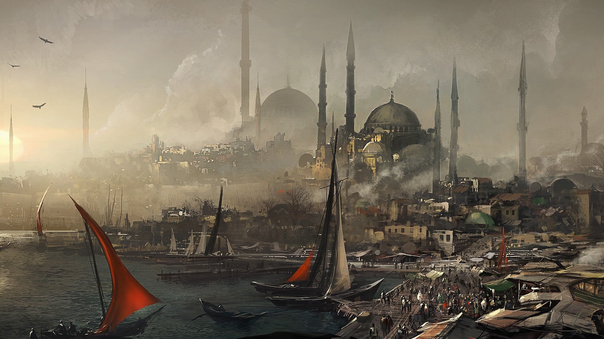 nature, sailing, Assassins Creed, place of worship, architecture, transportation, sky, body, dome, city, travel, tower, painting, Turkey, fantasy art, 1080P, HD Wallpaper