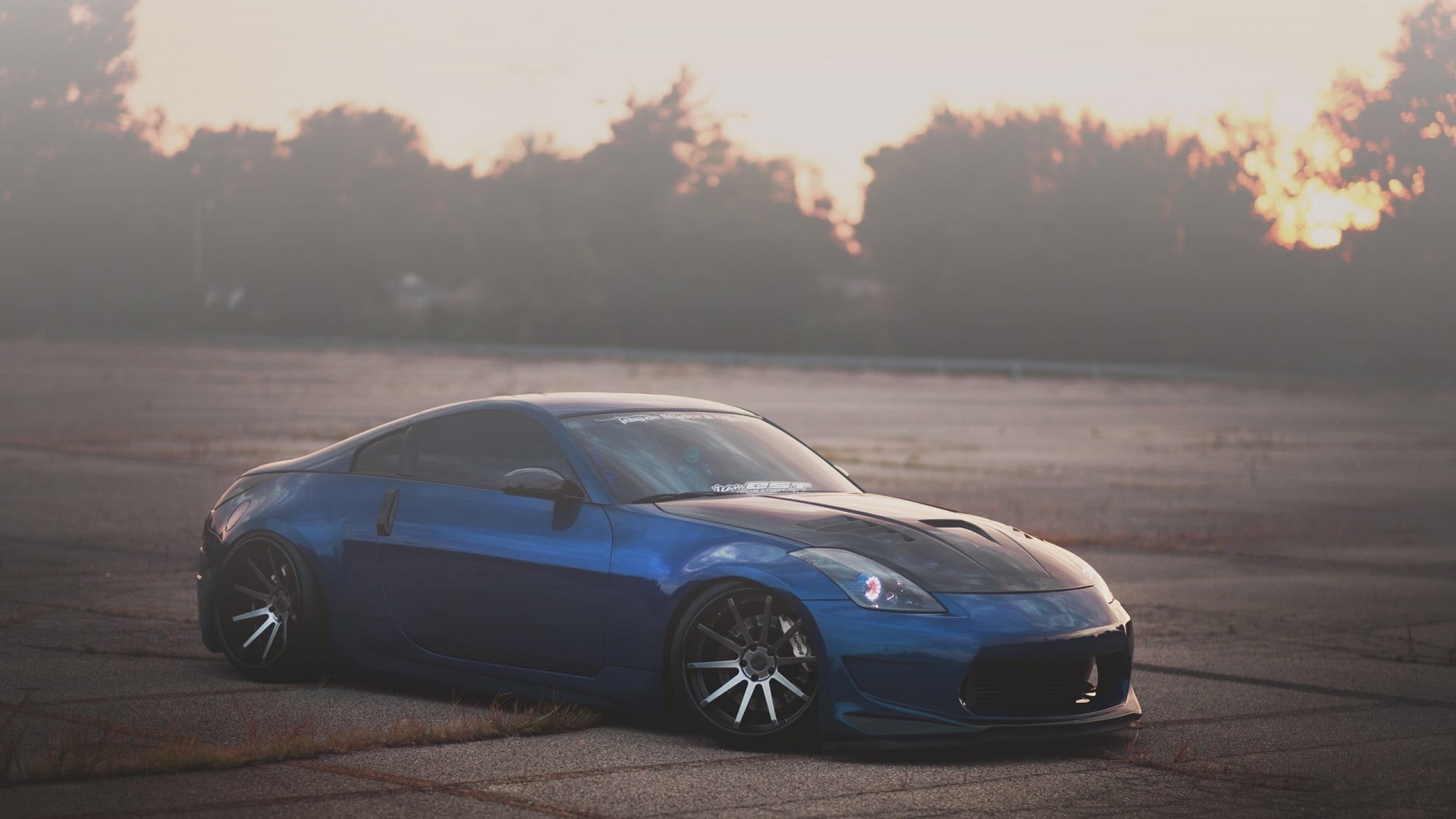 day, transportation, blue cars, blue, nissan, city, Nissan 350Z, tree, profile view, land vehicle, plant, 1080P, road, sunset, no people, vehicle, motor vehicle, HD Wallpaper