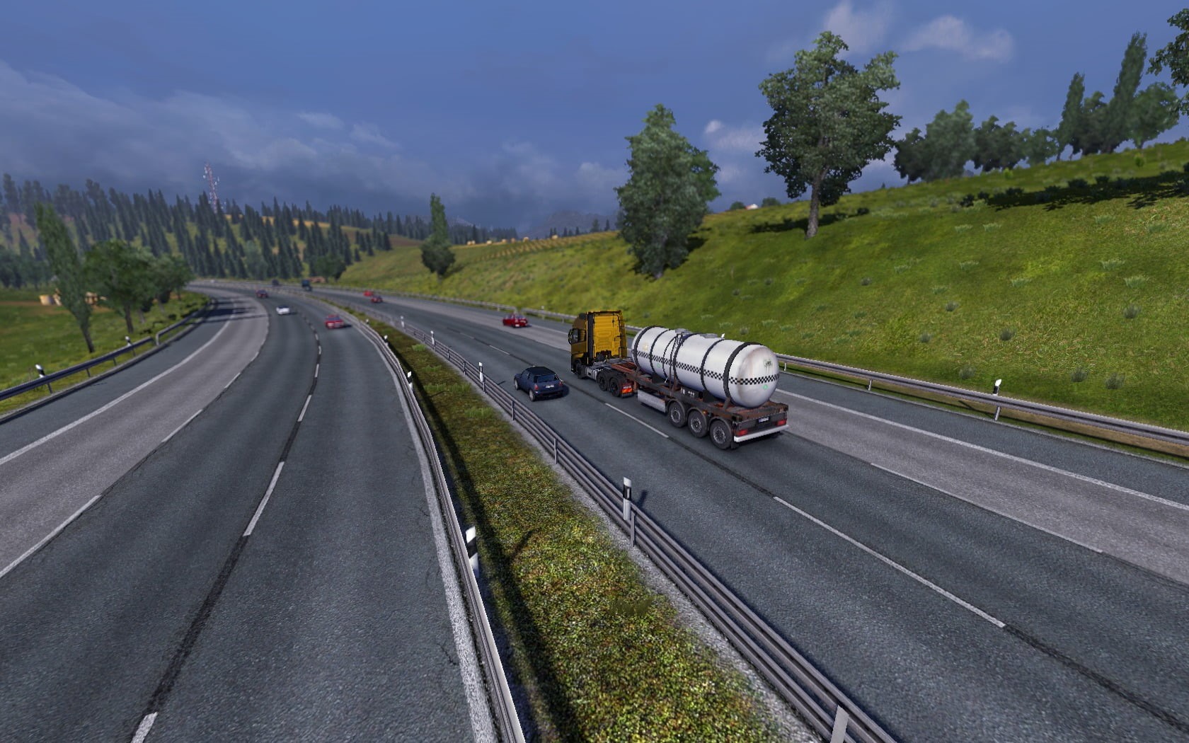 tree, outdoors, Euro Truck Simulator 2, no people, motor vehicle, day, mode of transportation, green color, sky, symbol, road, motion, nature, car, video games, HD Wallpaper