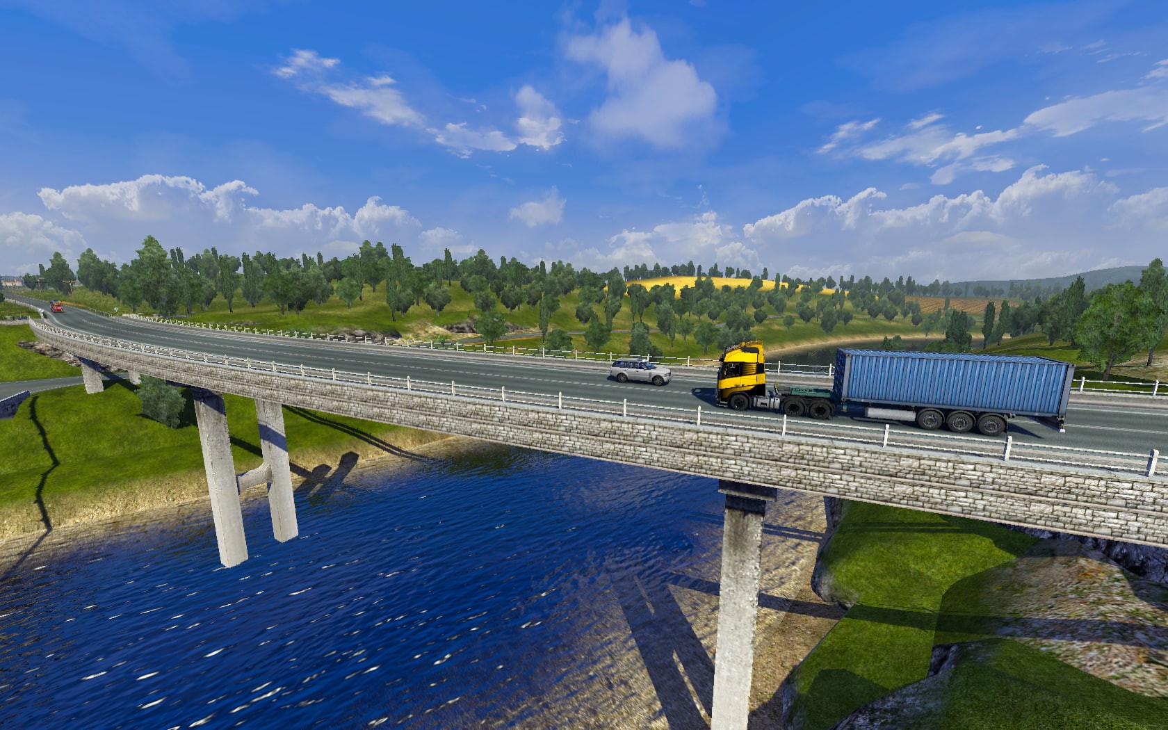 land vehicle, water, tree, video games, trucks, day, 720P, outdoors, sky, beauty in nature, public transportation, plant, nature, cloud - sky, reflection, HD Wallpaper