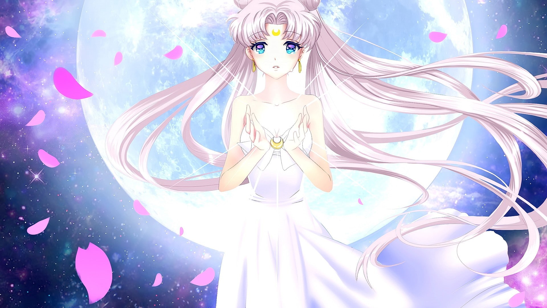 Moon, 1080P, Queen Serenity, Sailor Moon, anime girls, anime, flower petals, HD Wallpaper