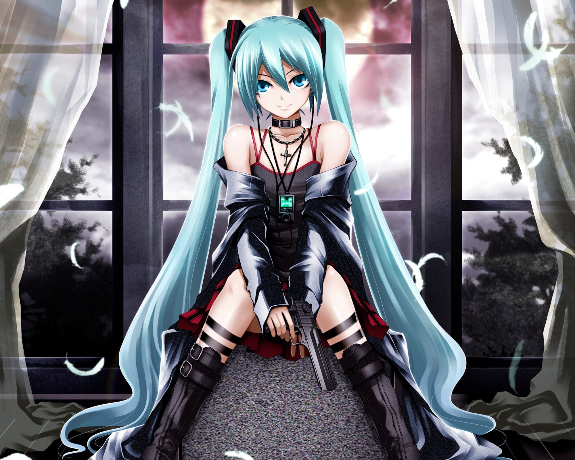 weapons, moons, hair, guns, hd, miku, hatsune, trees, vocaloid, twintails, boots, space, 1080P, moon, feathers, colla, long, cross, sitting, art, HD Wallpaper