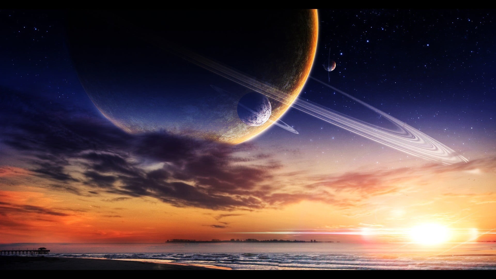 orange color, sea, planets, tranquility, illustration, space, satellite, idyllic, scenics - nature, beach, 1080P, no people, nature, horizon, Moon, star - space, HD Wallpaper