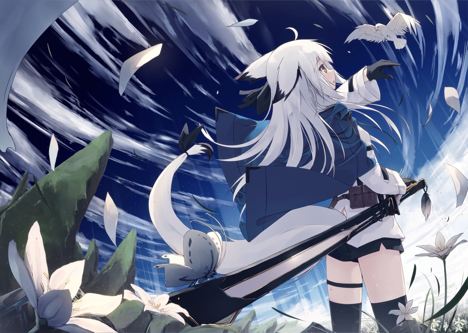 no people, creativity, Anime, nature, nautical vessel, transportation, sword, human representation, male likeness, white hair, animal ears, female likeness, HD Wallpaper