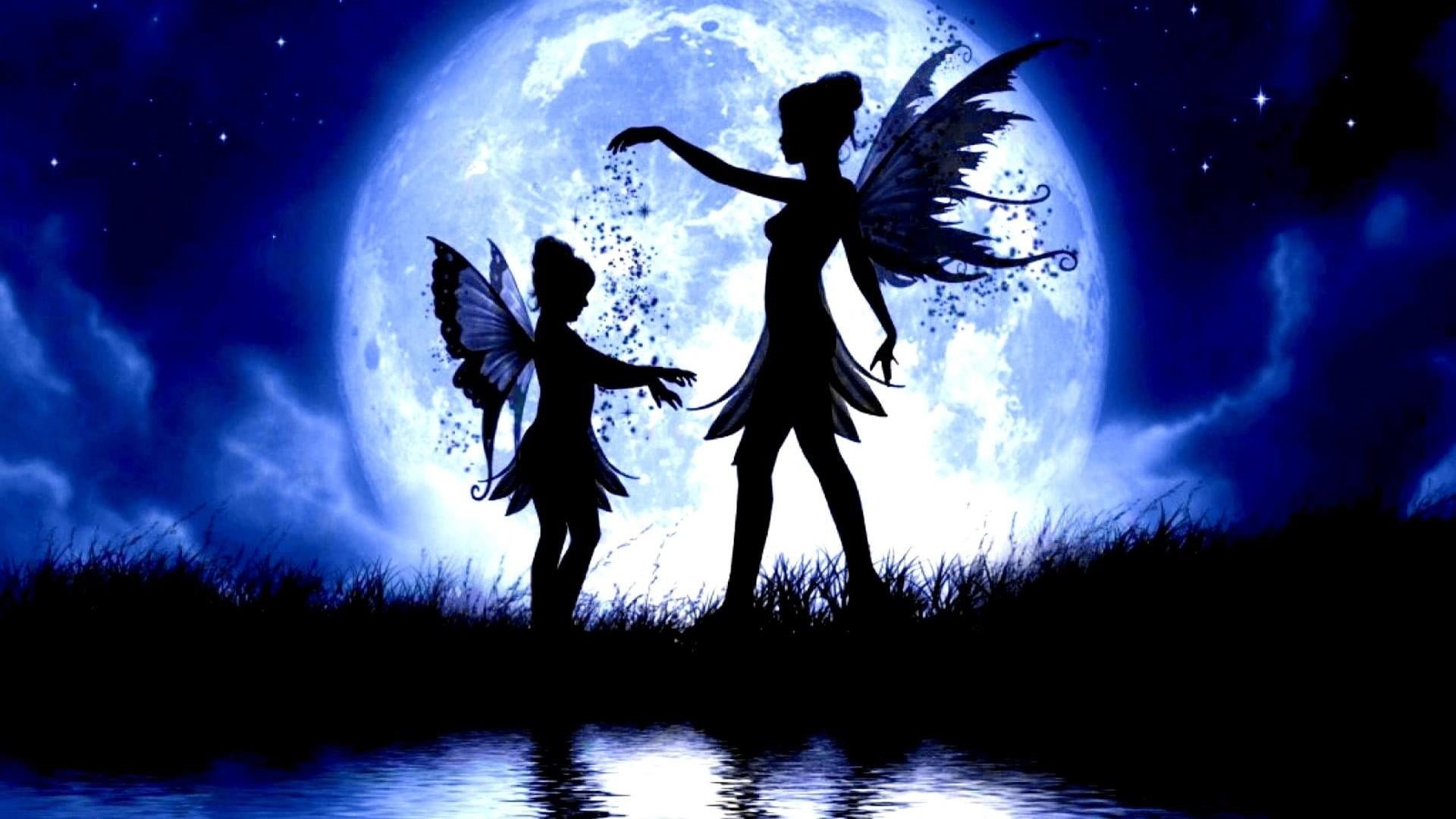 tail, wings, cloud - sky, dancing, full length, full moon, child, women, fairy, blue, water, sky, two people, people, nature, 1080P, togetherness, silhouette, HD Wallpaper
