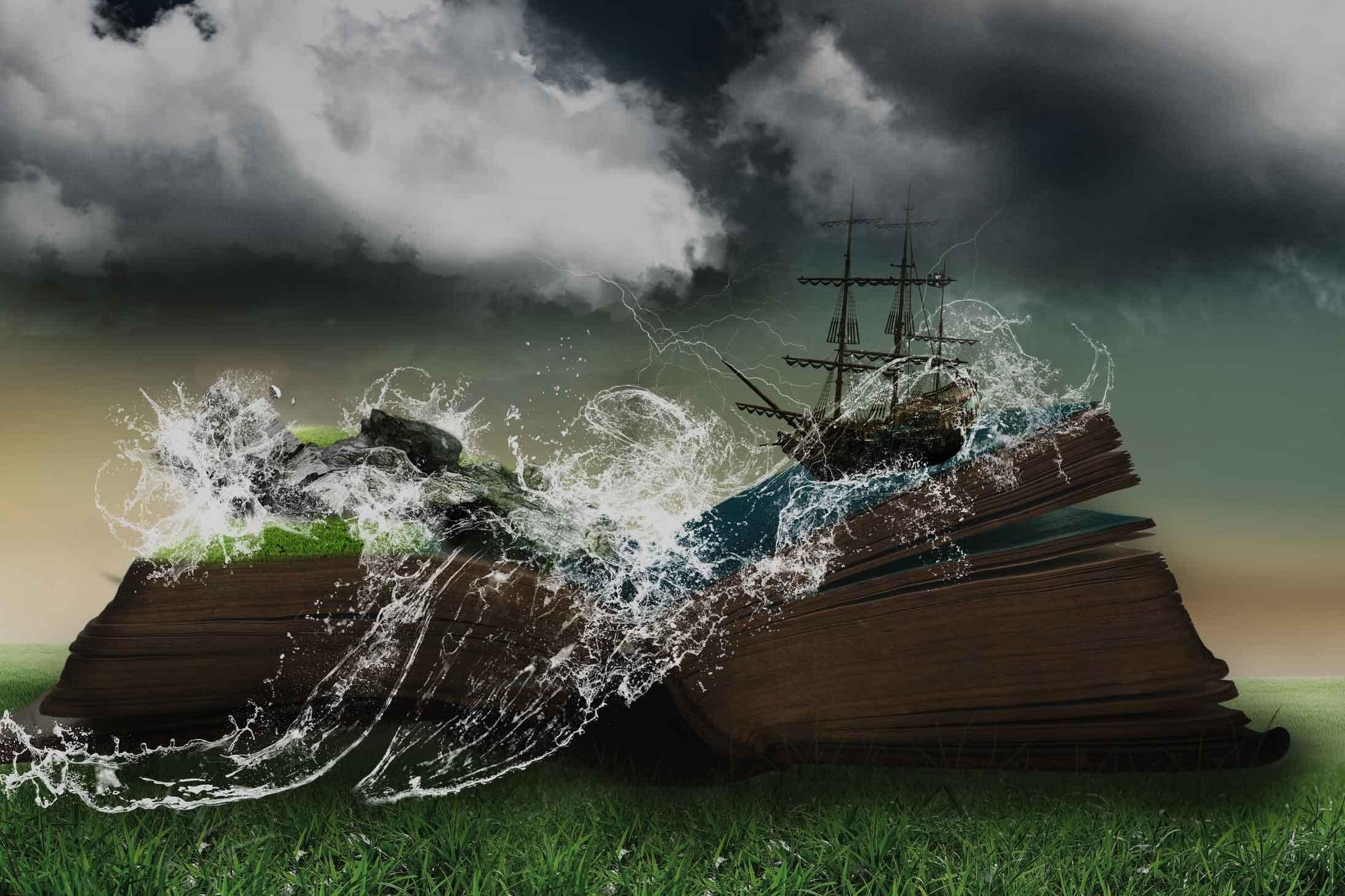 book, 3d and abstract, clouds, sails, fairytales, ship, brown, galleon, water, illustration, 1080P, HD Wallpaper